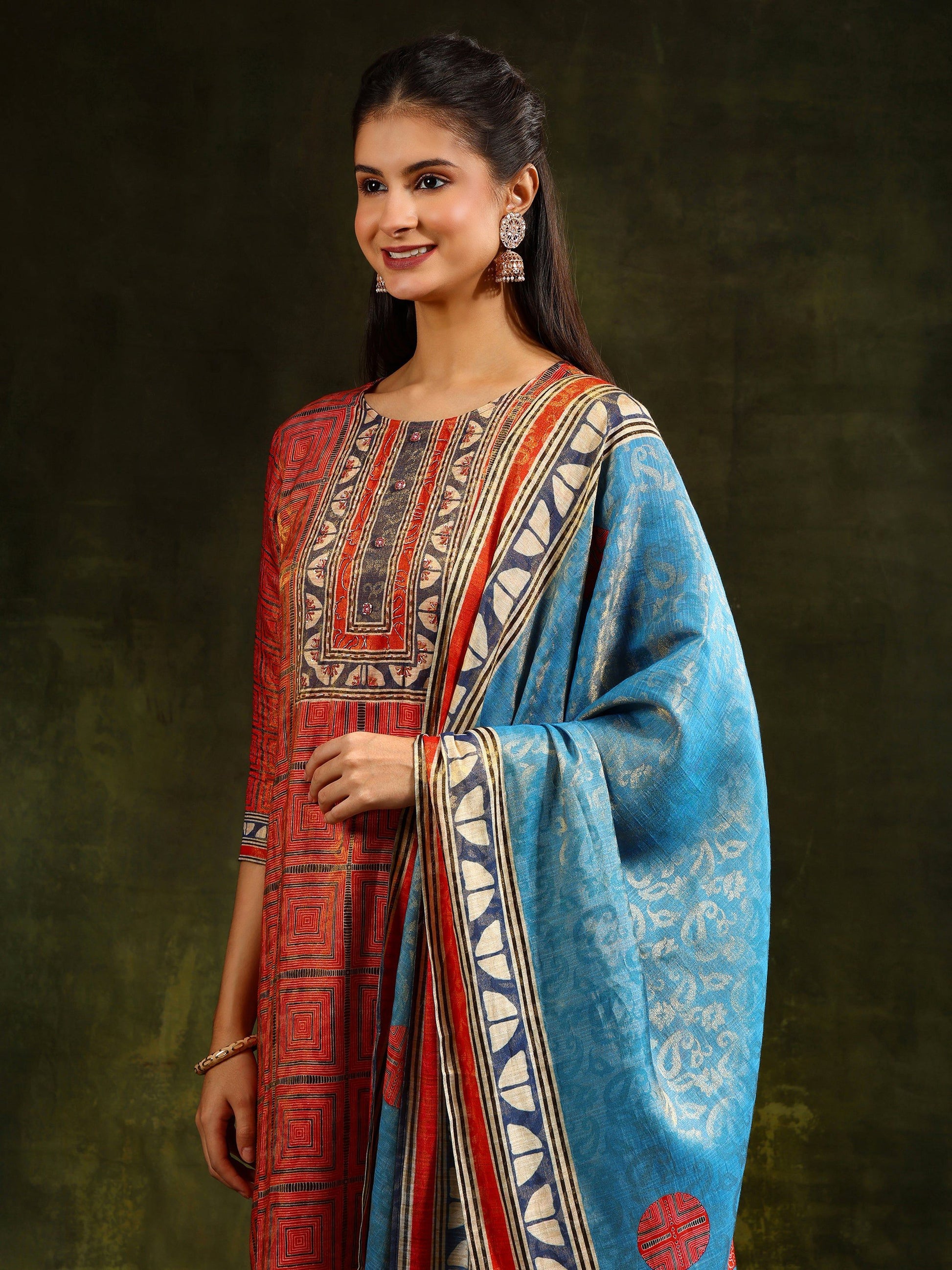 Hand Embroidered & Pure Silk Jacquard Kurta With Pant & Pure Silk Dupatta, Rust - Hiral Fashion