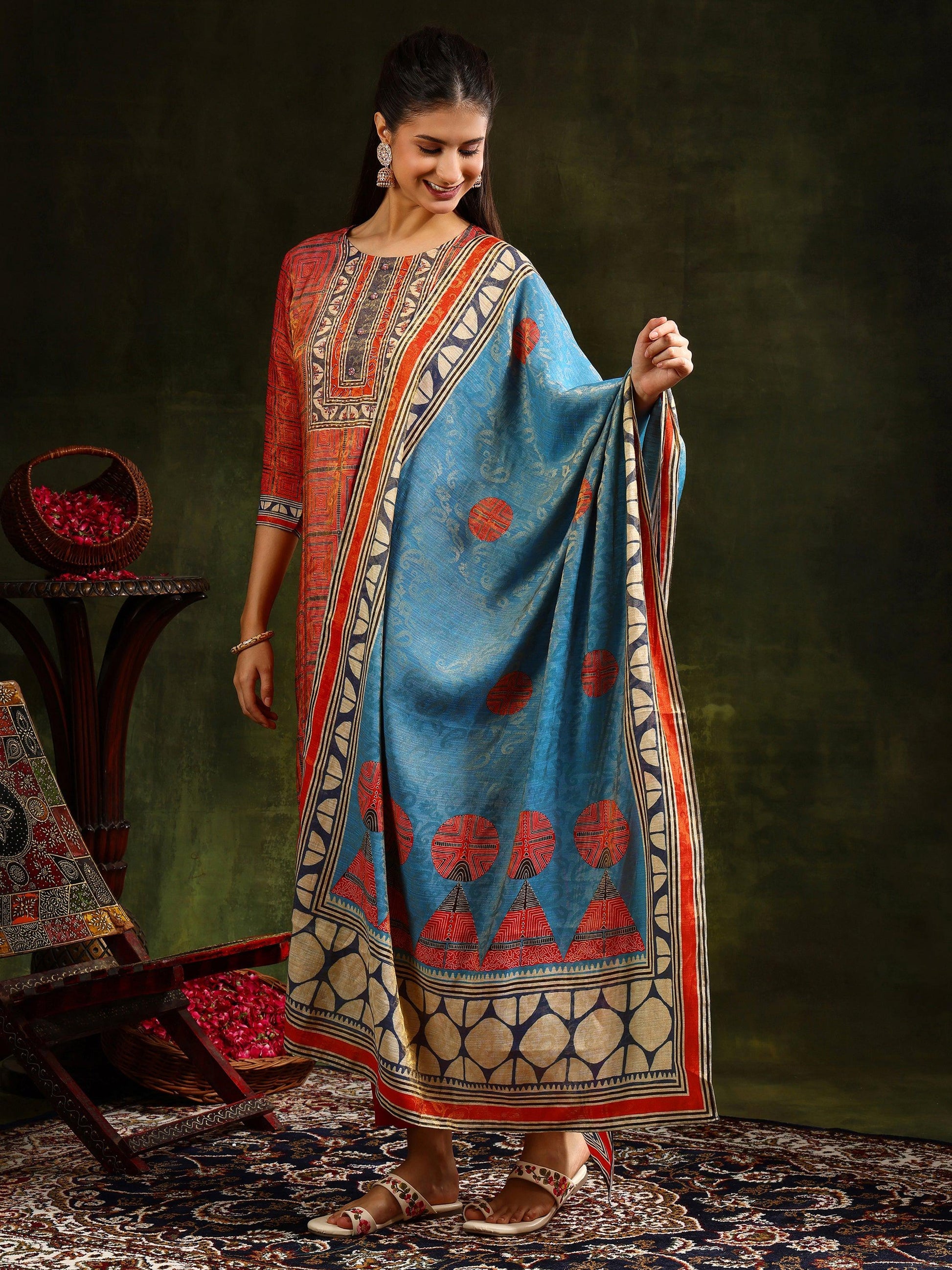 Hand Embroidered & Pure Silk Jacquard Kurta With Pant & Pure Silk Dupatta, Rust - Hiral Fashion