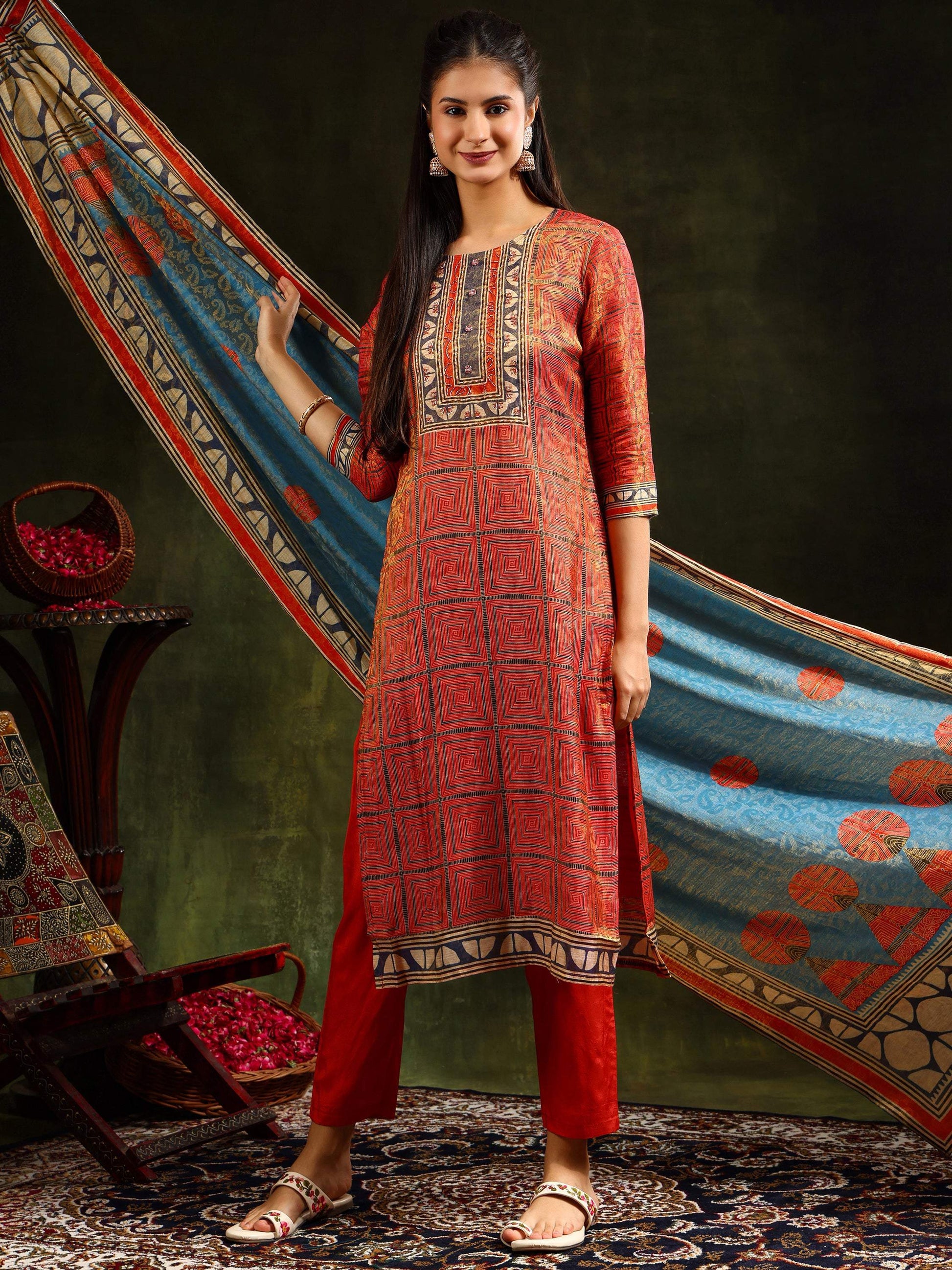 Hand Embroidered & Pure Silk Jacquard Kurta With Pant & Pure Silk Dupatta, Rust - Hiral Fashion