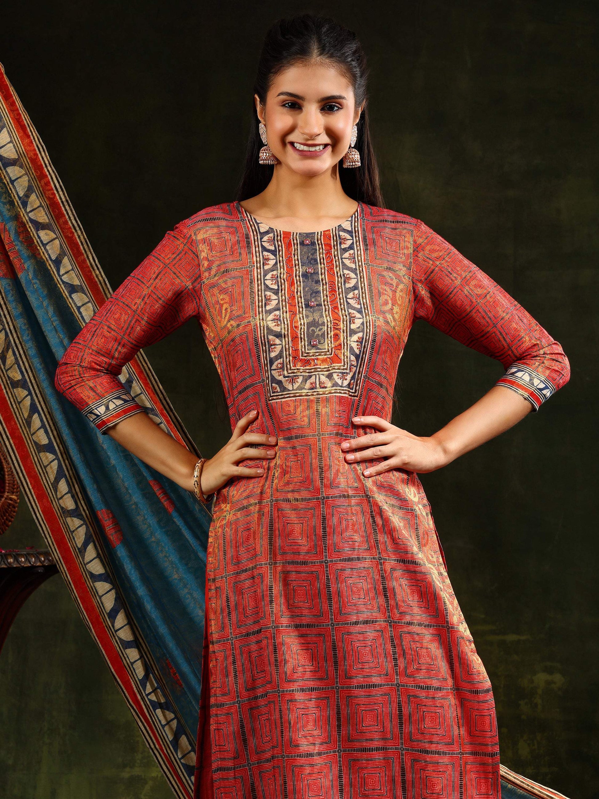 Hand Embroidered & Pure Silk Jacquard Kurta With Pant & Pure Silk Dupatta, Rust - Hiral Fashion