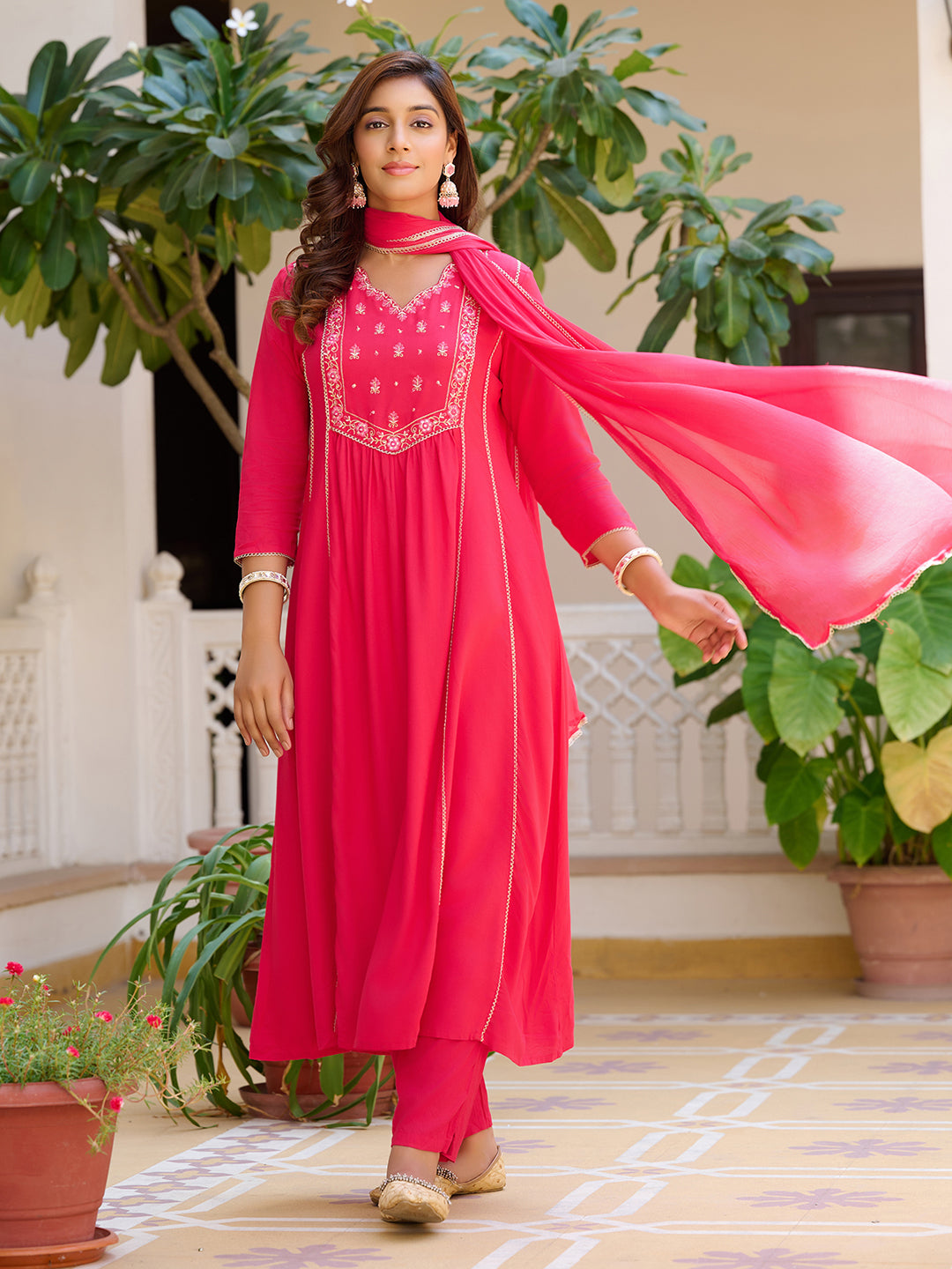 Embroidered Flared Kurta With Pant & Dupatta, Pink - Hiral Fashion