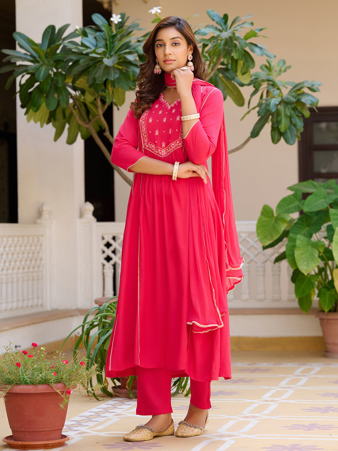 Embroidered Flared Kurta With Pant & Dupatta, Pink - Hiral Fashion