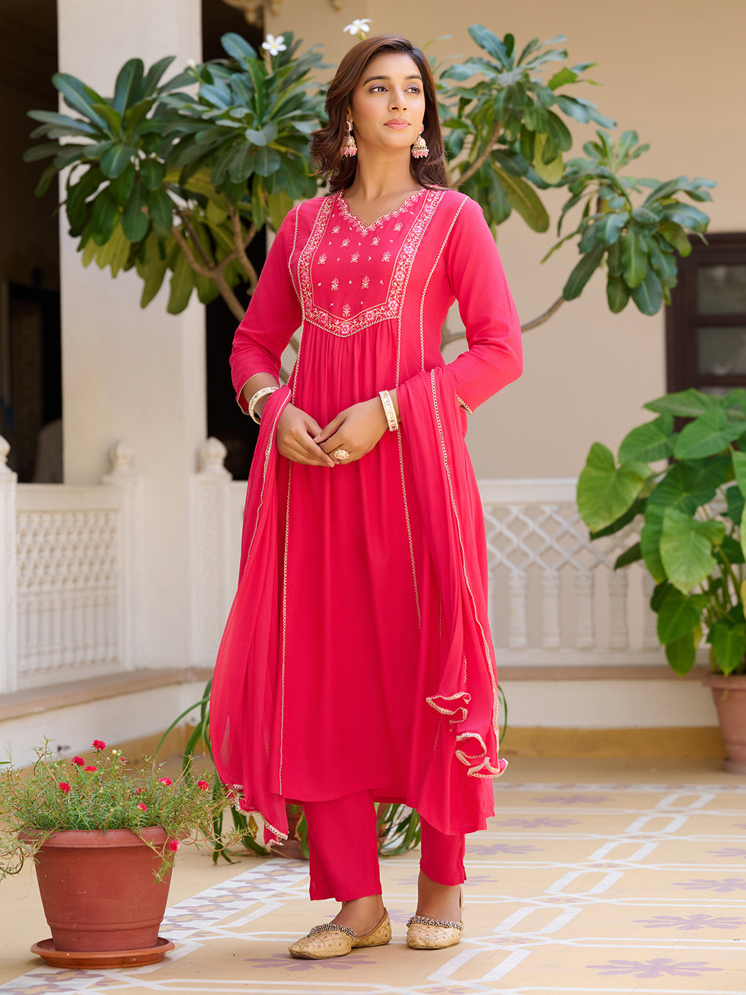 Embroidered Flared Kurta With Pant & Dupatta, Pink - Hiral Fashion