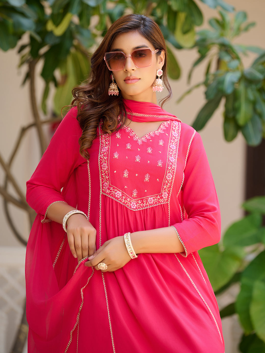 Embroidered Flared Kurta With Pant & Dupatta, Pink - Hiral Fashion