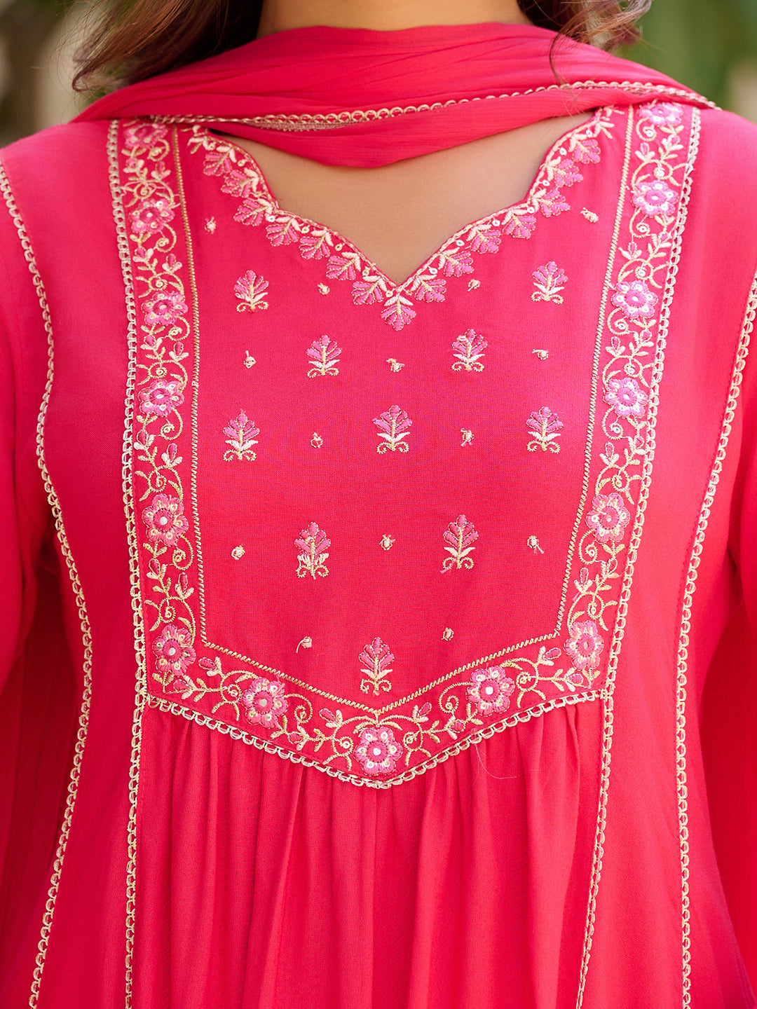 Embroidered Flared Kurta With Pant & Dupatta, Pink - Hiral Fashion