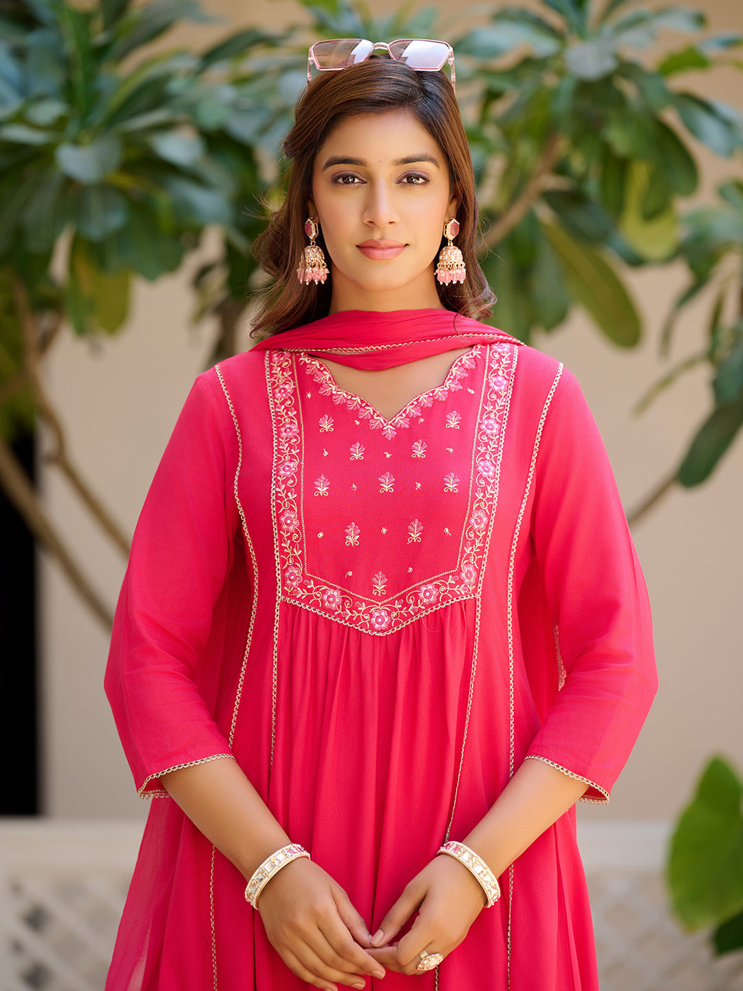 Embroidered Flared Kurta With Pant & Dupatta, Pink - Hiral Fashion