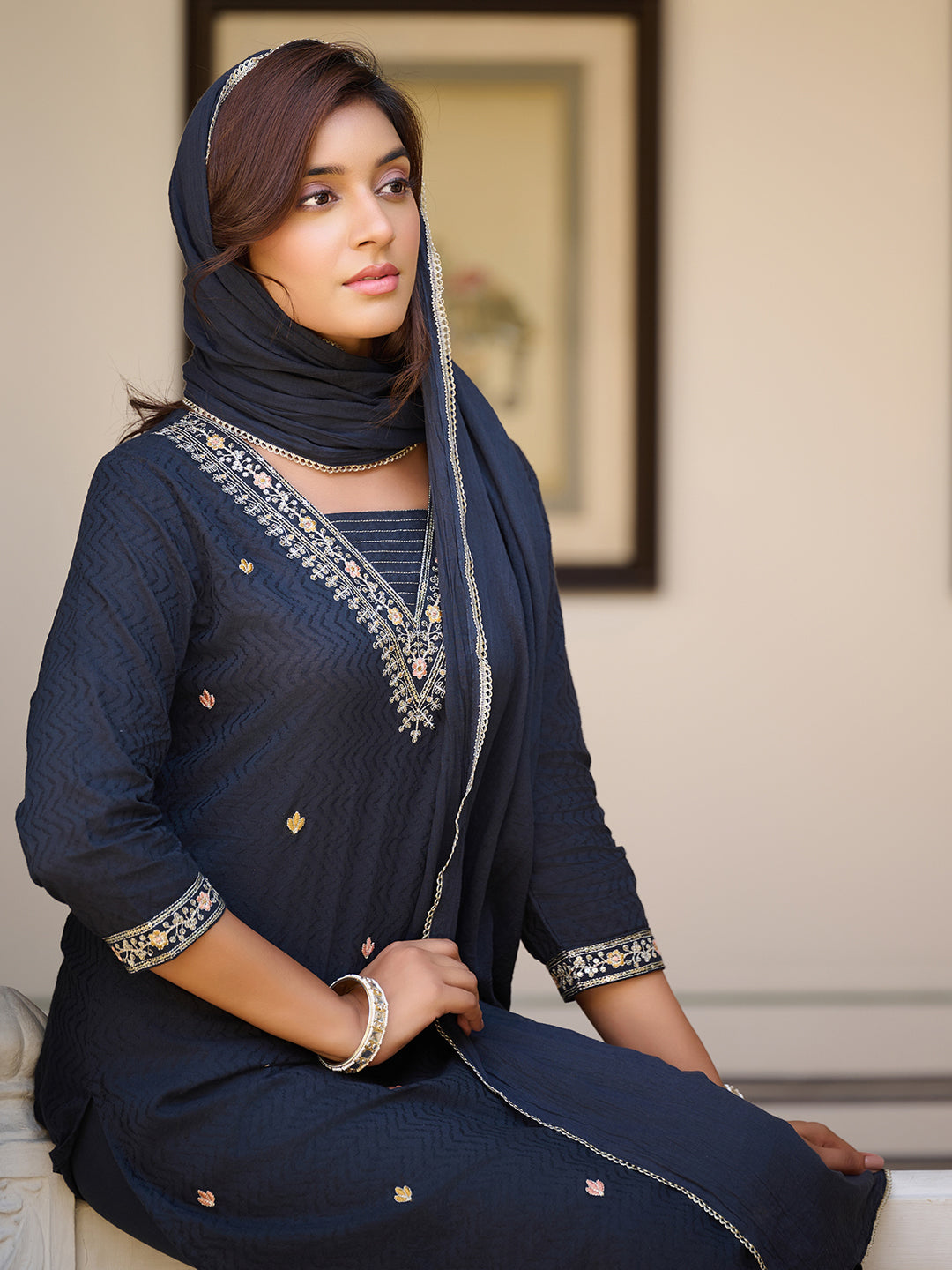 Sequined & Zari Embroidered Kurta With Pant & Dupatta, Navy Blue - Hiral Fashion