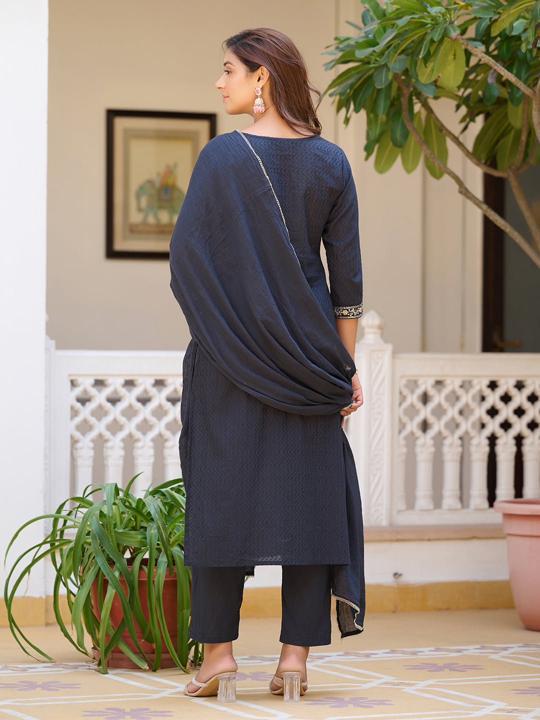 Sequined & Zari Embroidered Kurta With Pant & Dupatta, Navy Blue - Hiral Fashion