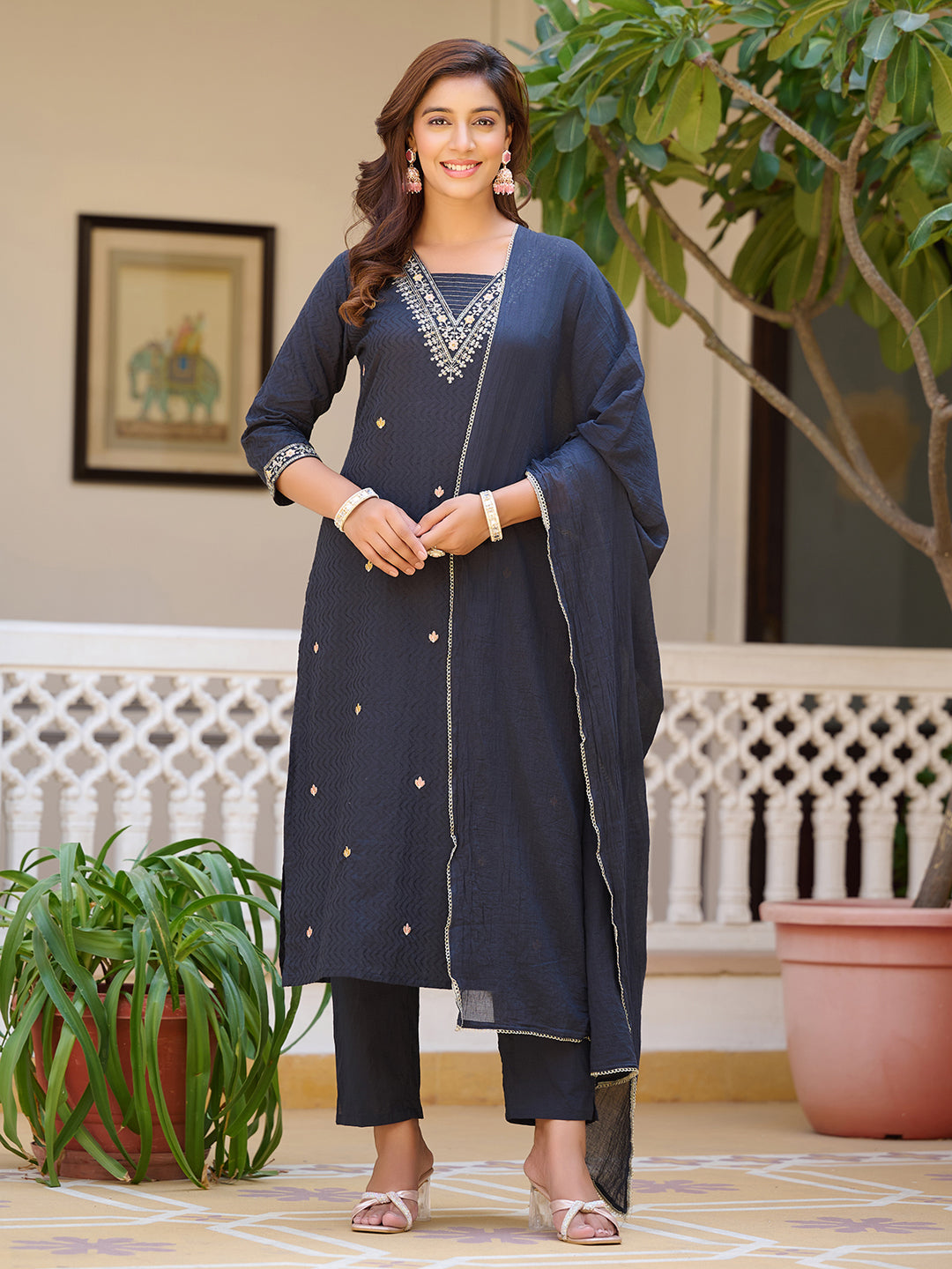Sequined & Zari Embroidered Kurta With Pant & Dupatta, Navy Blue - Hiral Fashion