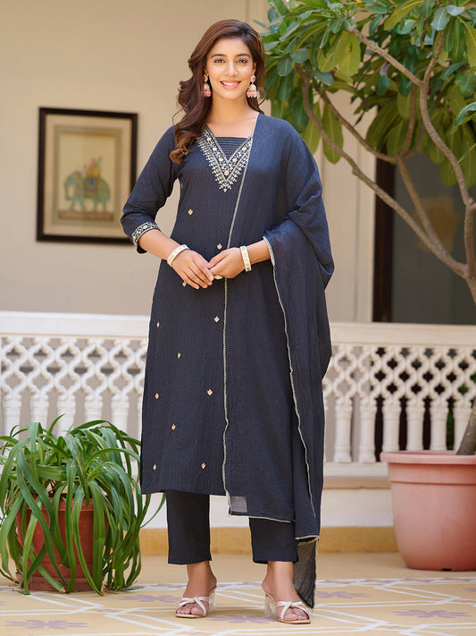 Sequined & Zari Embroidered Kurta With Pant & Dupatta, Navy Blue - Hiral Fashion