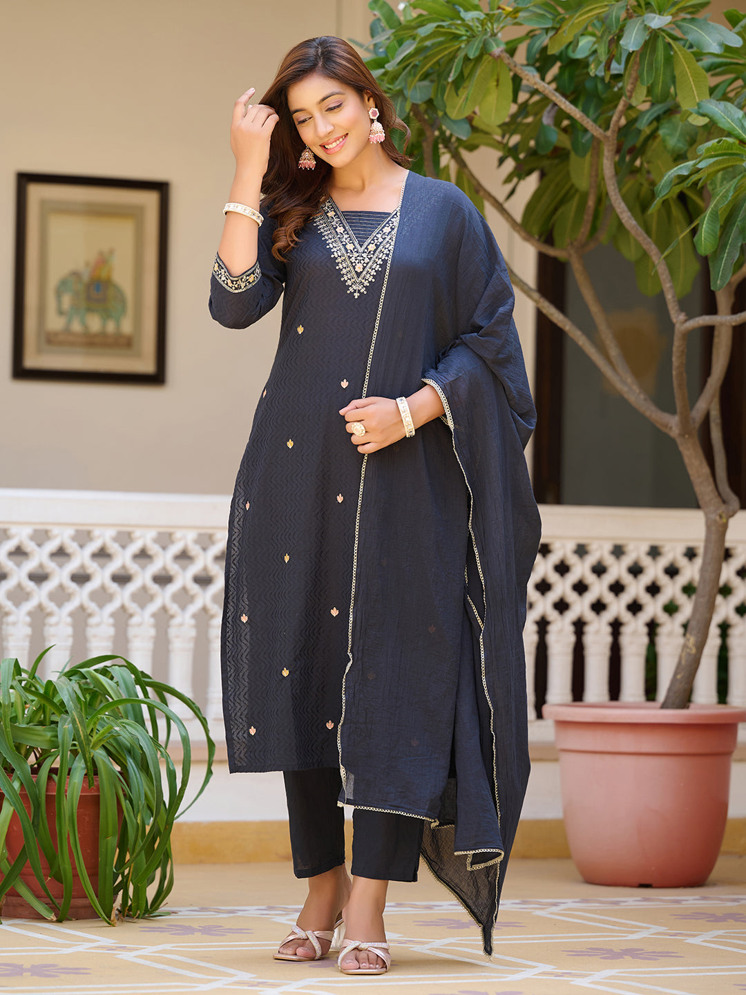 Sequined & Zari Embroidered Kurta With Pant & Dupatta, Navy Blue - Hiral Fashion