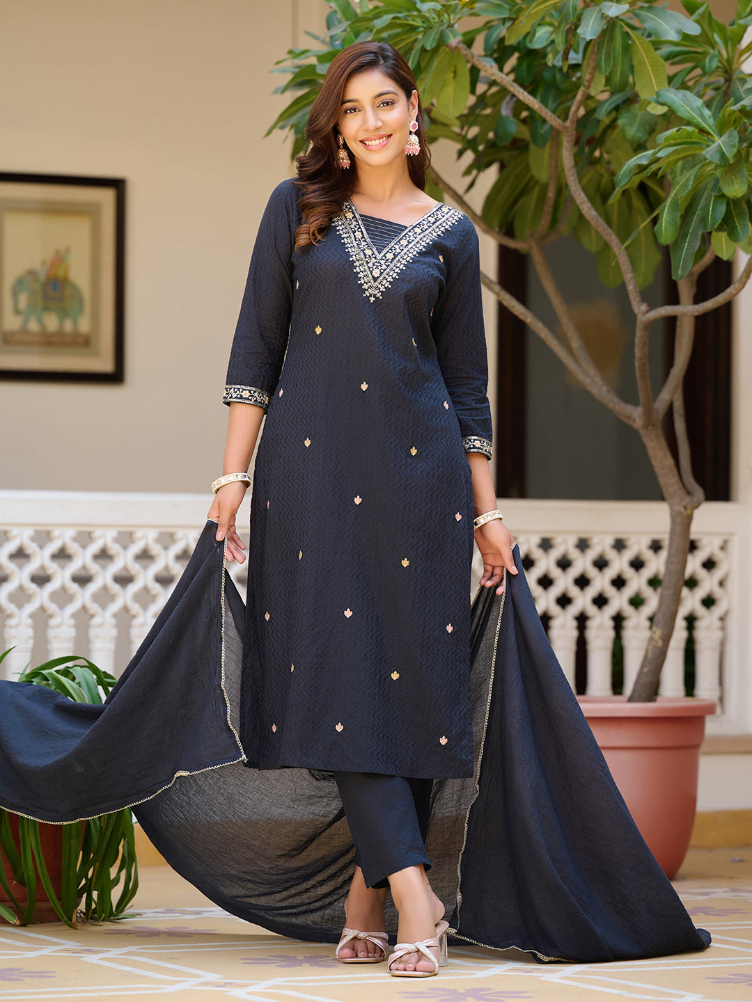Sequined & Zari Embroidered Kurta With Pant & Dupatta, Navy Blue - Hiral Fashion