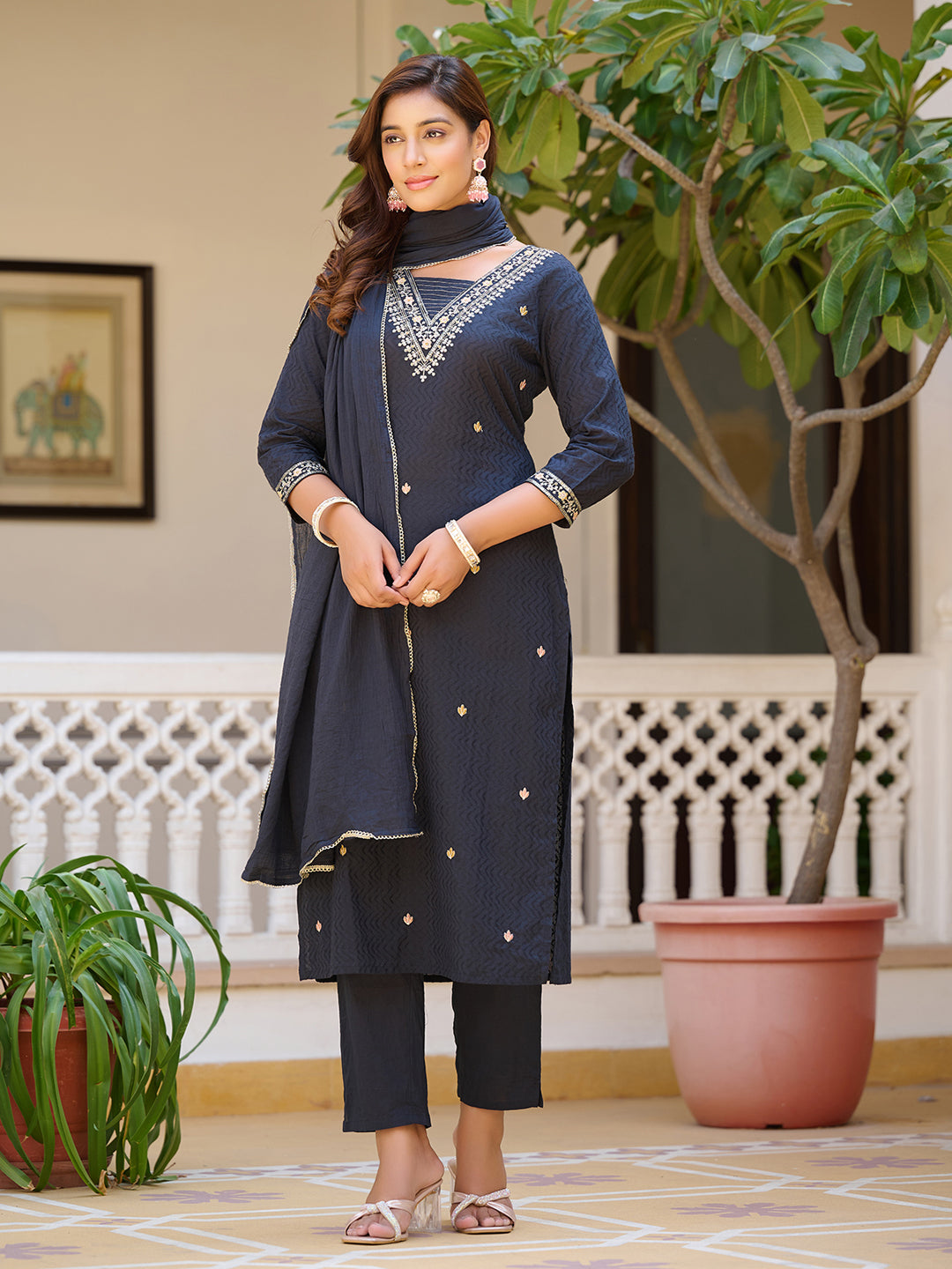Sequined & Zari Embroidered Kurta With Pant & Dupatta, Navy Blue - Hiral Fashion