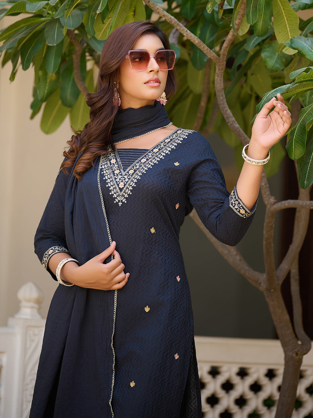 Sequined & Zari Embroidered Kurta With Pant & Dupatta, Navy Blue - Hiral Fashion