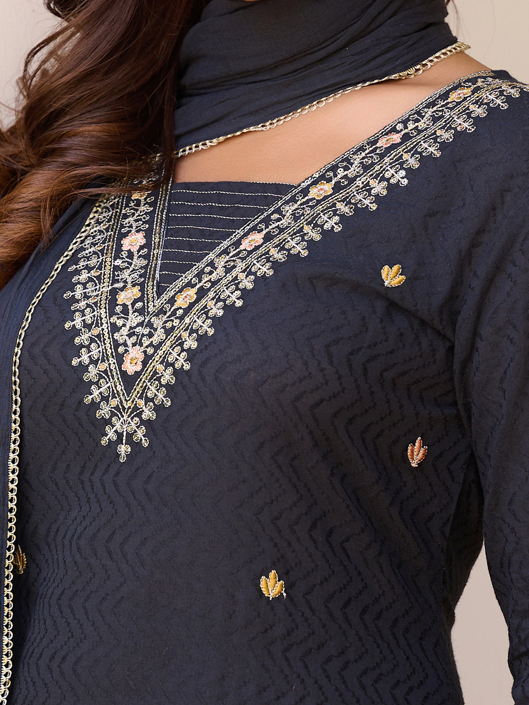 Sequined & Zari Embroidered Kurta With Pant & Dupatta, Navy Blue - Hiral Fashion