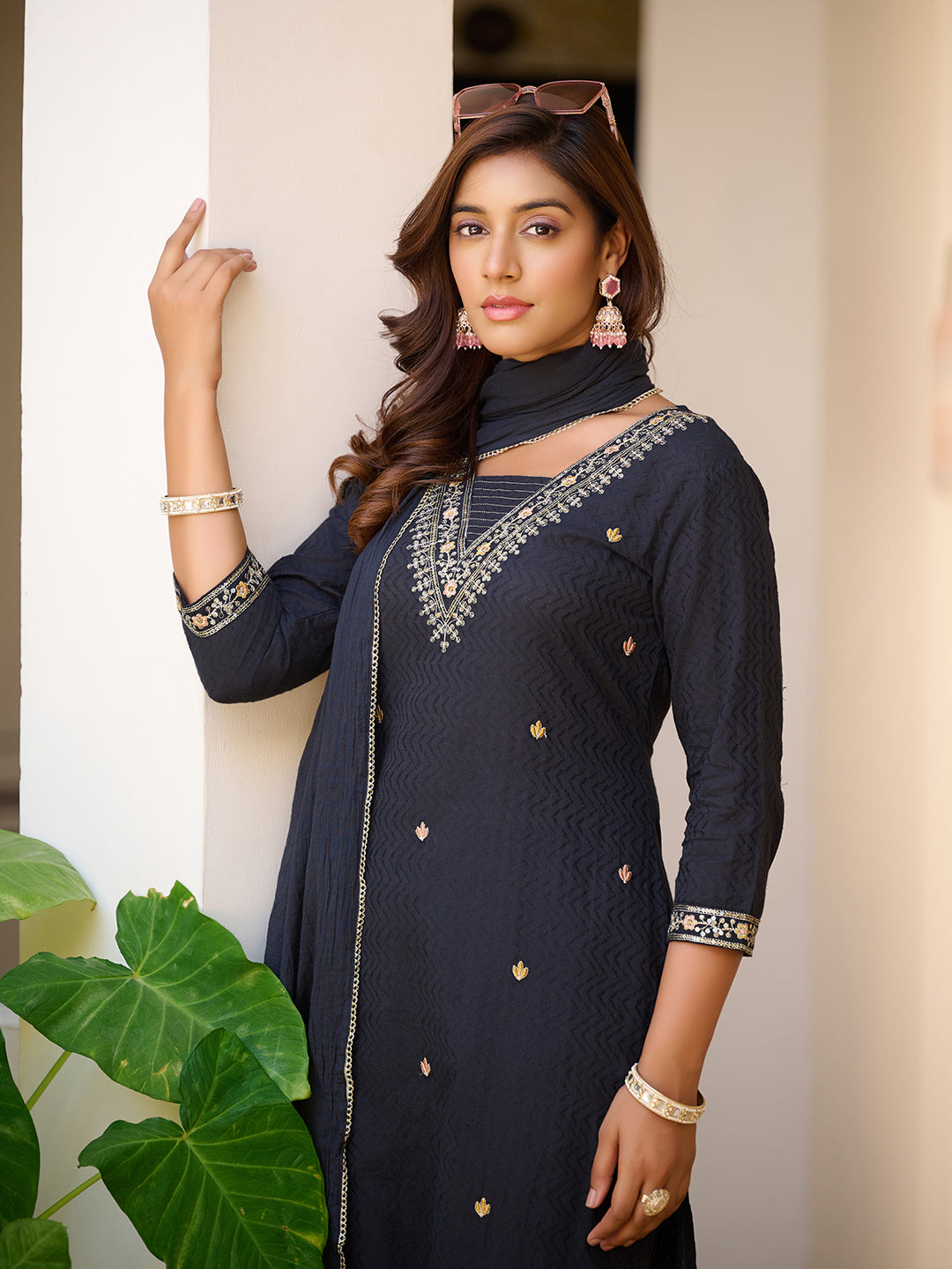 Sequined & Zari Embroidered Kurta With Pant & Dupatta, Navy Blue - Hiral Fashion