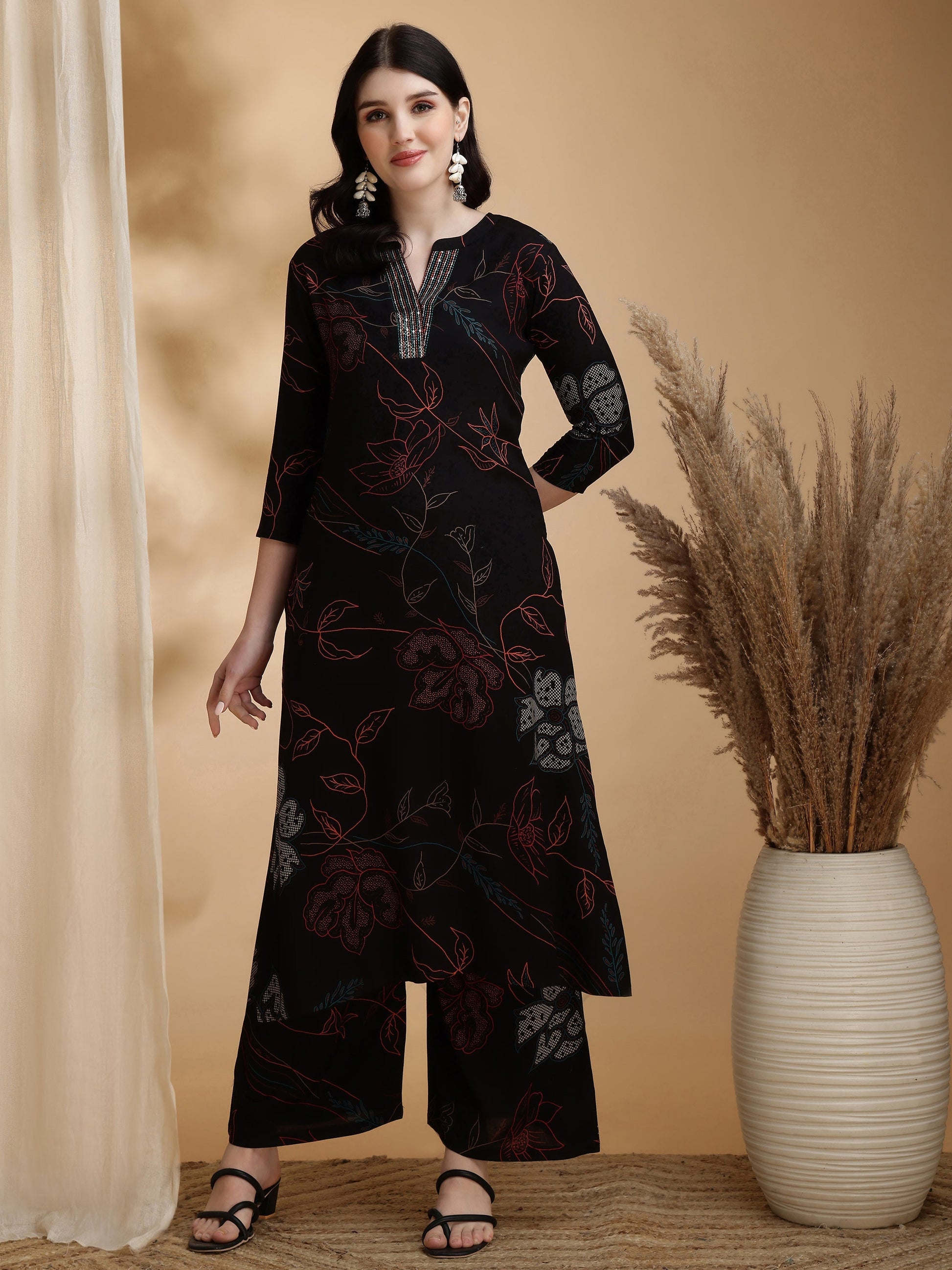 Floral Printed Kurta Pallazo Set, Black - Hiral Fashion