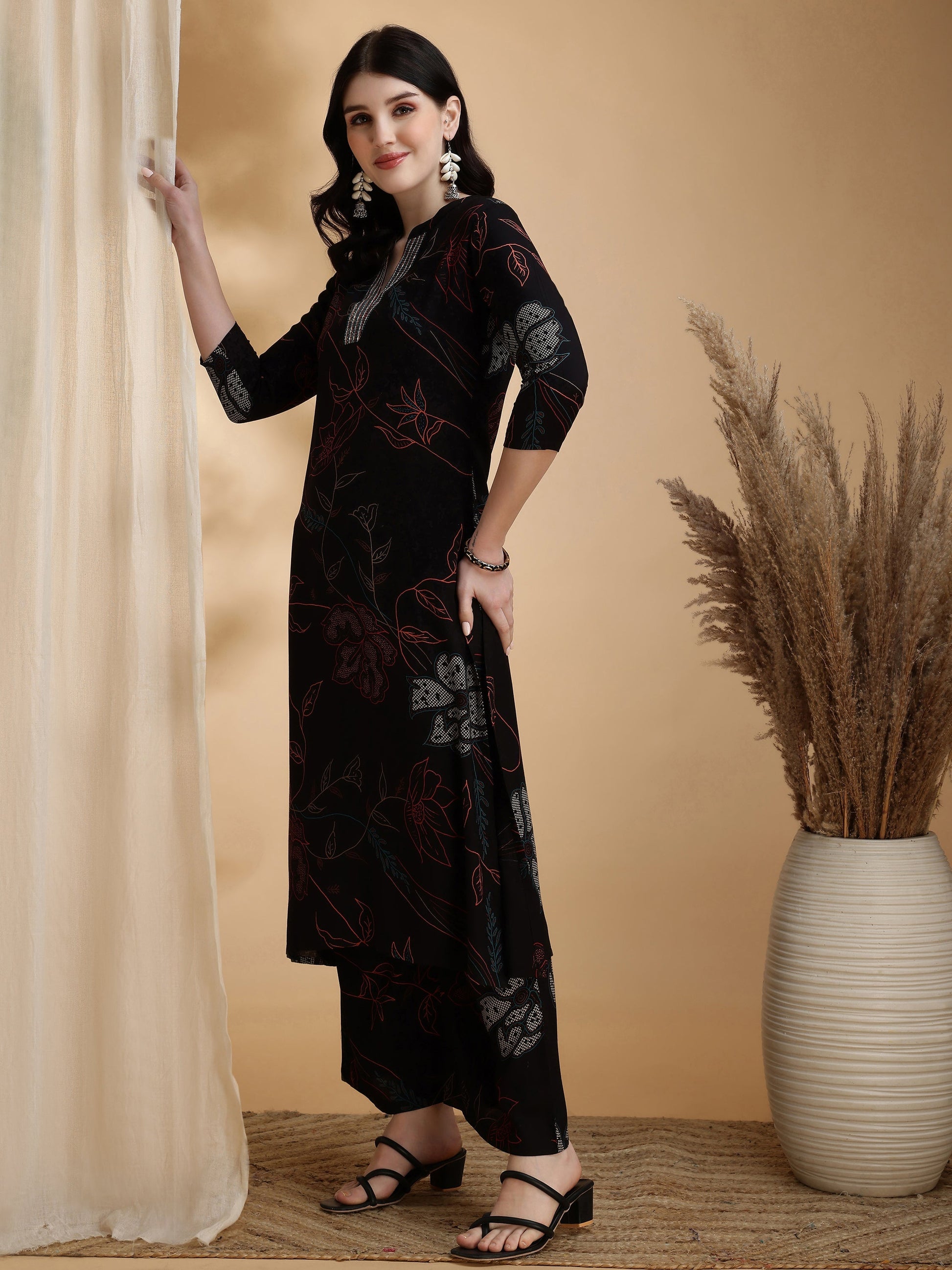 Floral Printed Kurta Pallazo Set, Black - Hiral Fashion