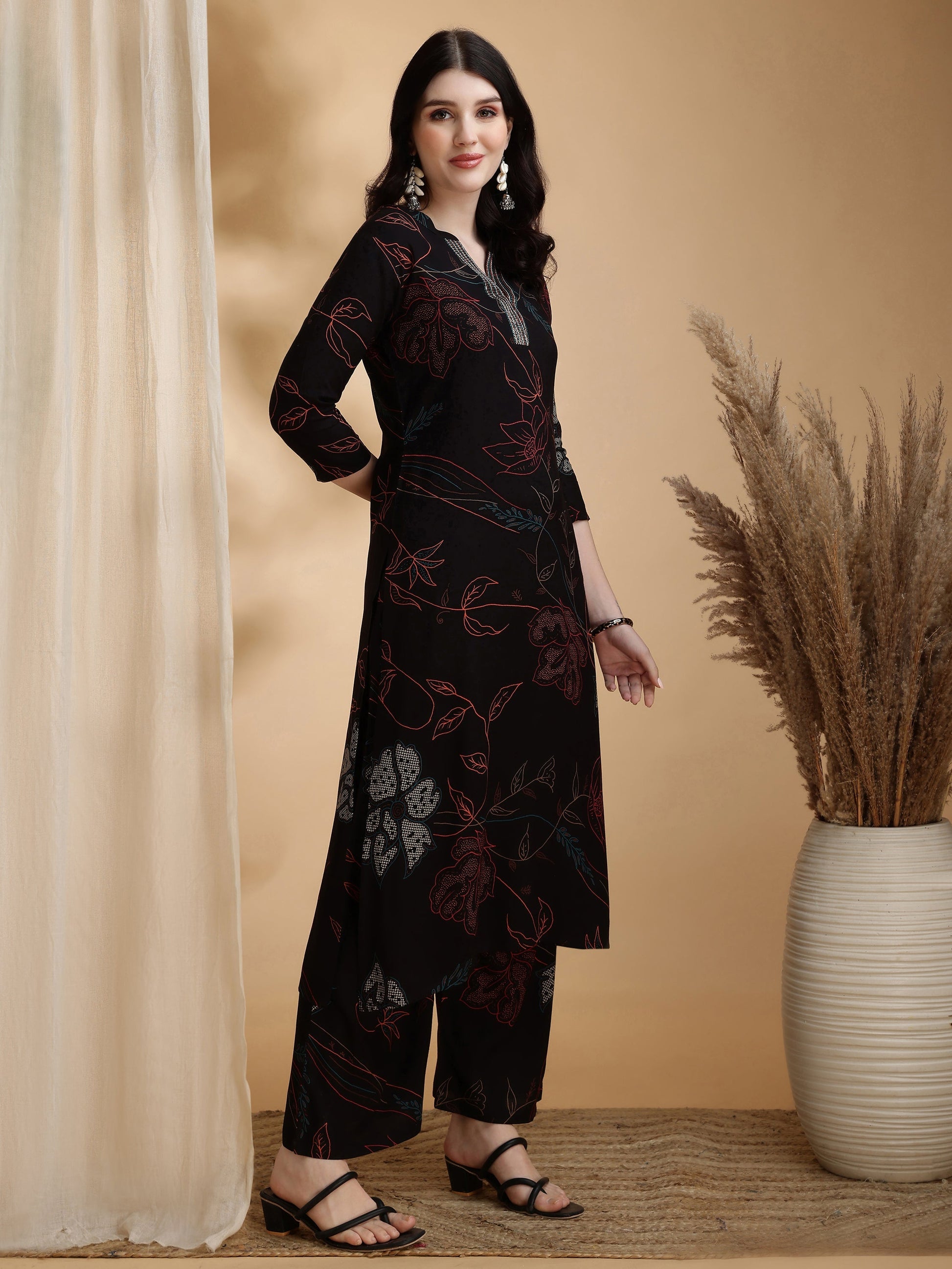 Floral Printed Kurta Pallazo Set, Black - Hiral Fashion