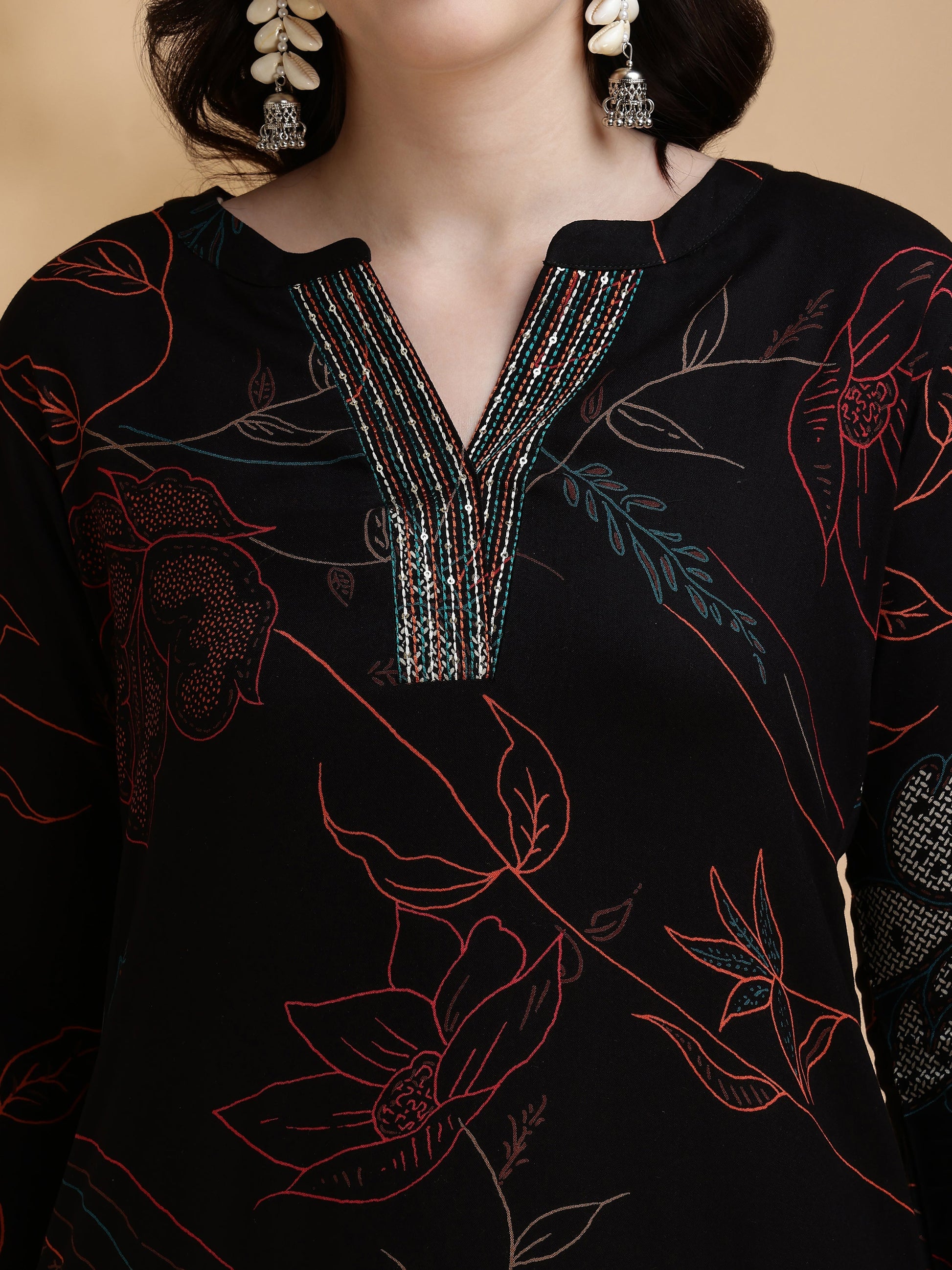 Floral Printed Kurta Pallazo Set, Black - Hiral Fashion