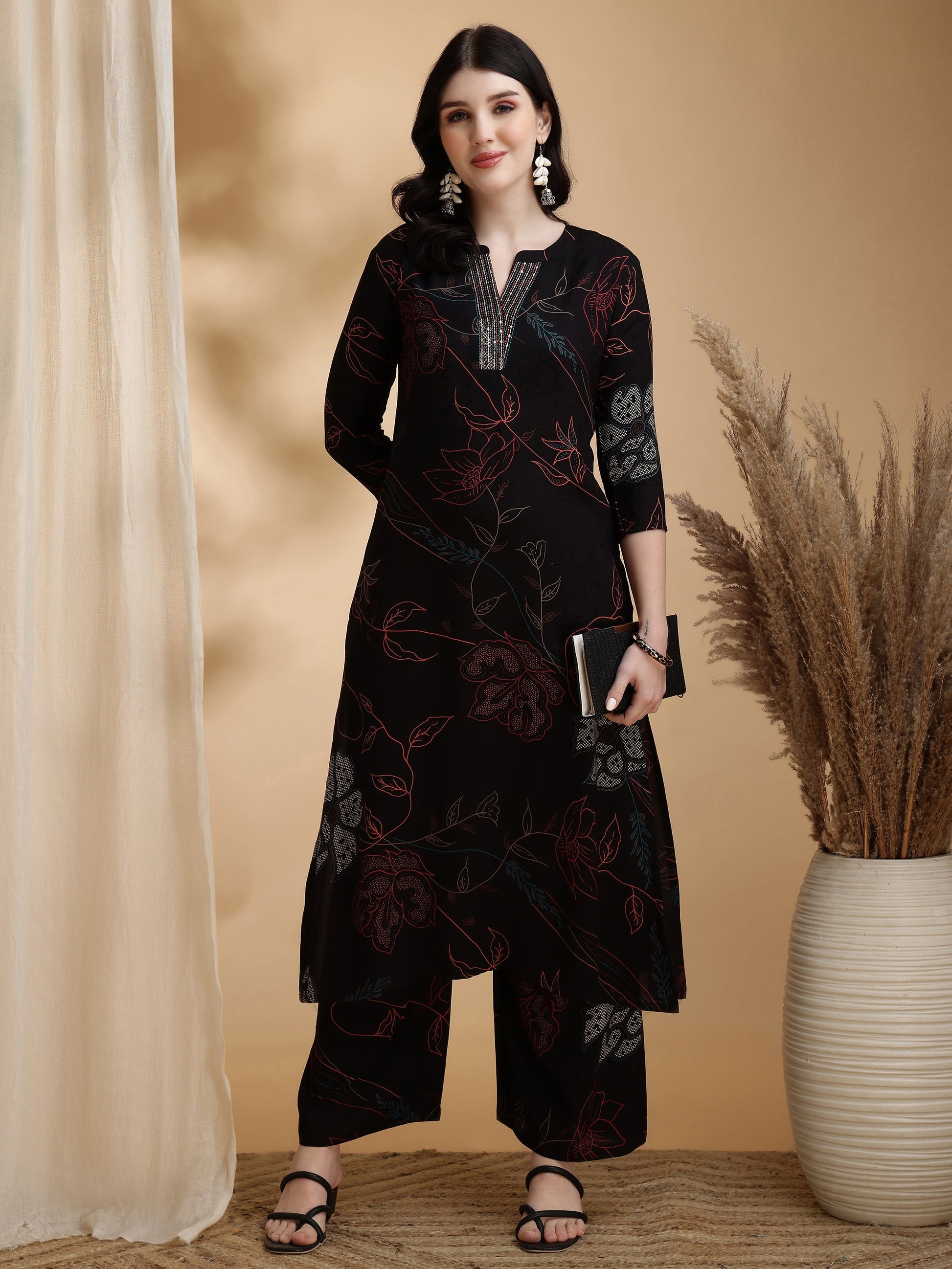 Floral Printed Kurta Pallazo Set, Black - Hiral Fashion