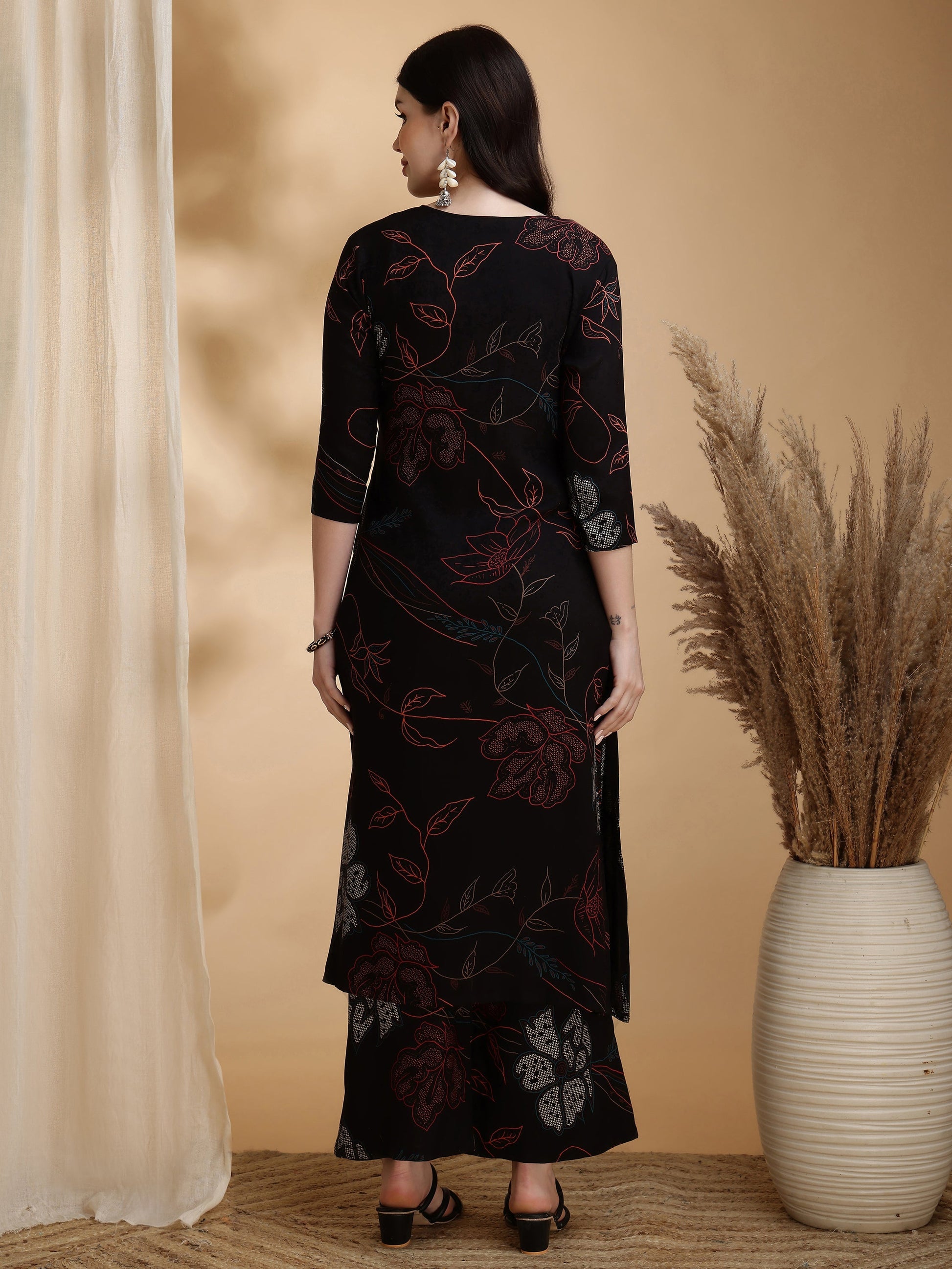Floral Printed Kurta Pallazo Set, Black - Hiral Fashion