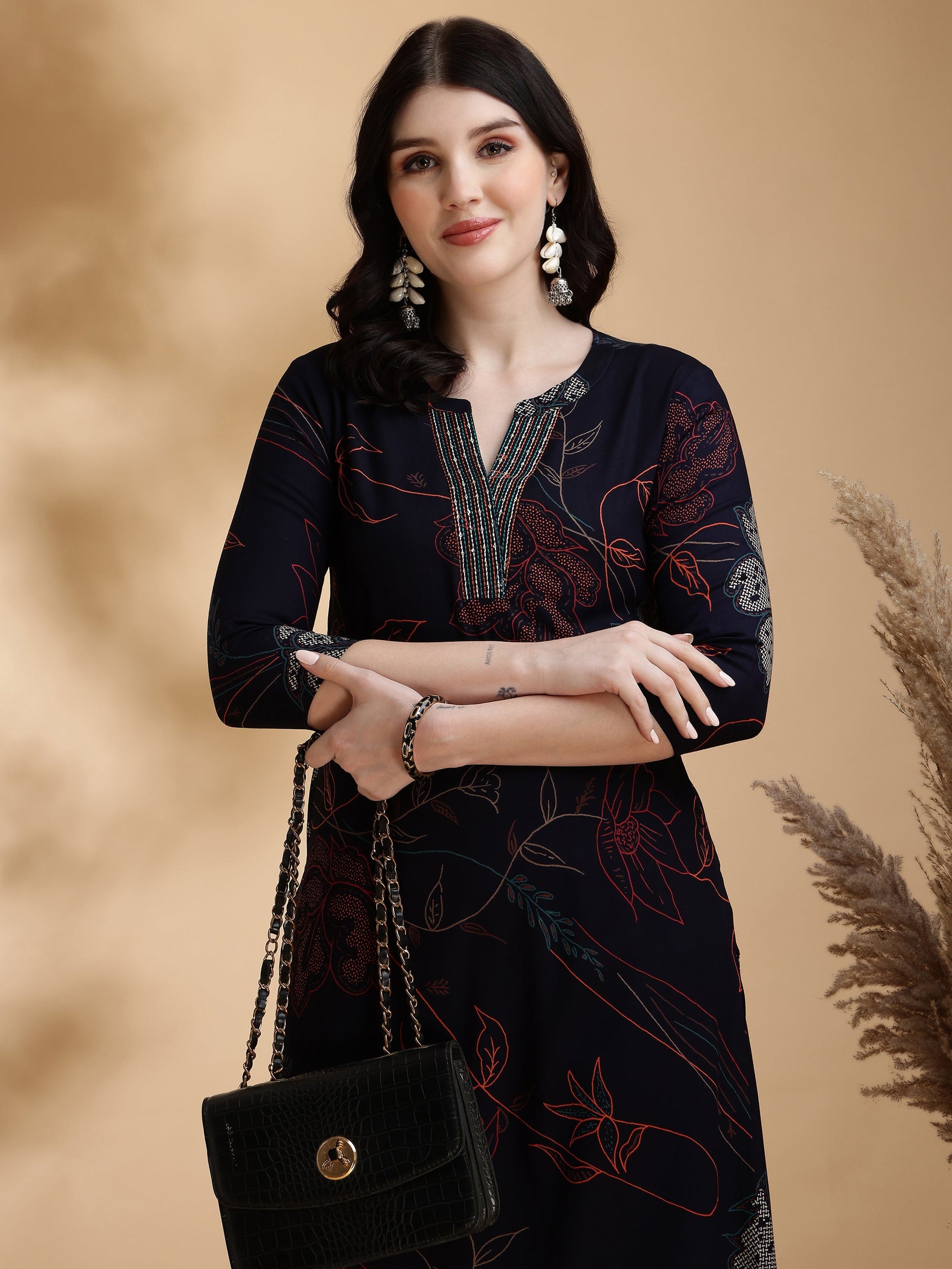 Floral Printed Kurta Pallazo Set, Navy Blue - Hiral Fashion