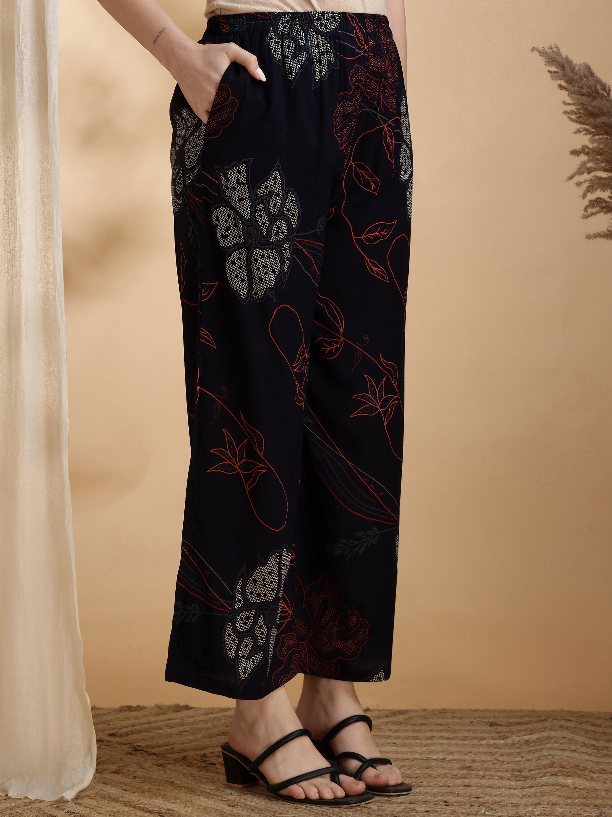 Floral Printed Kurta Pallazo Set, Navy Blue - Hiral Fashion