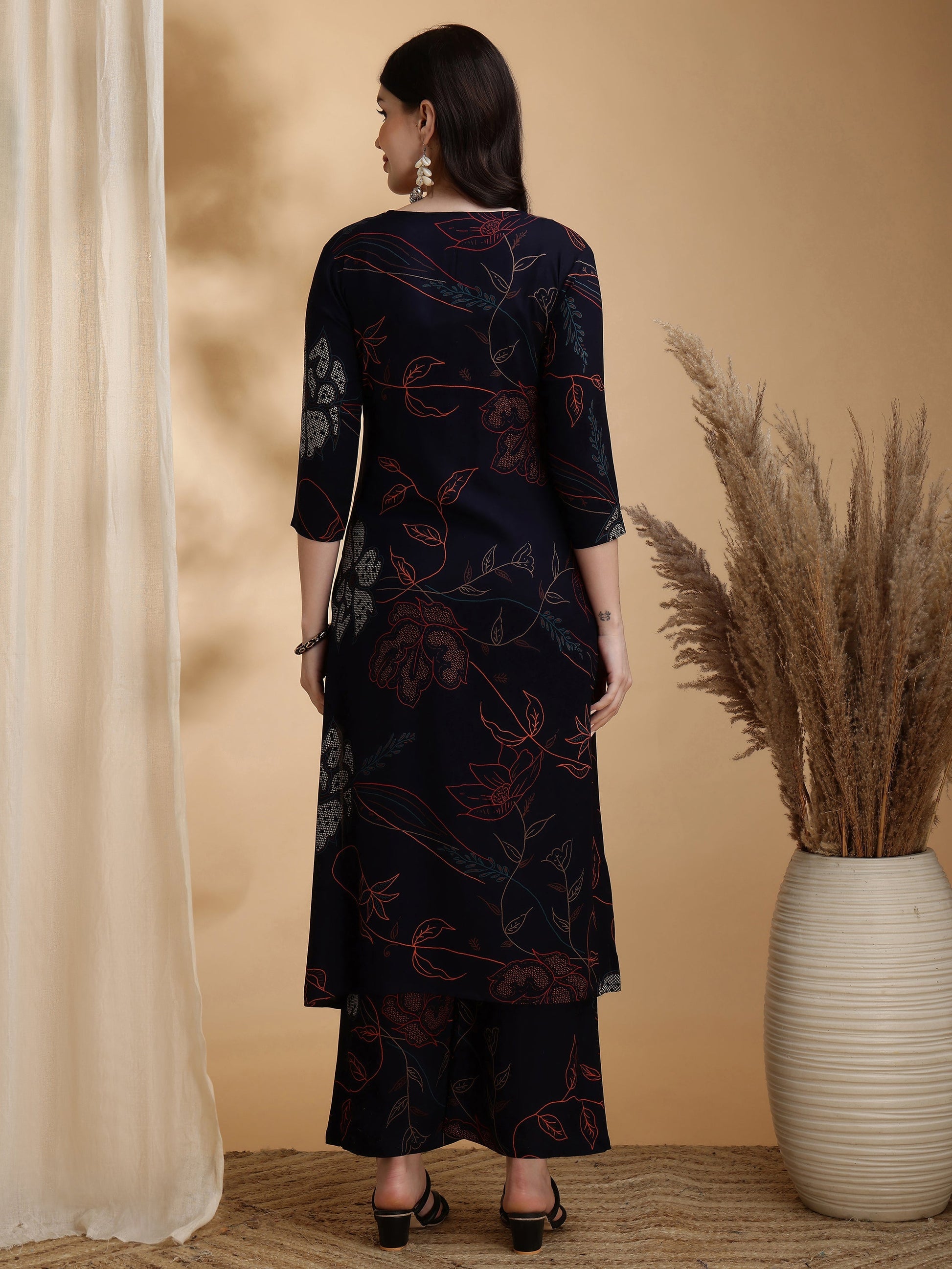 Floral Printed Kurta Pallazo Set, Navy Blue - Hiral Fashion