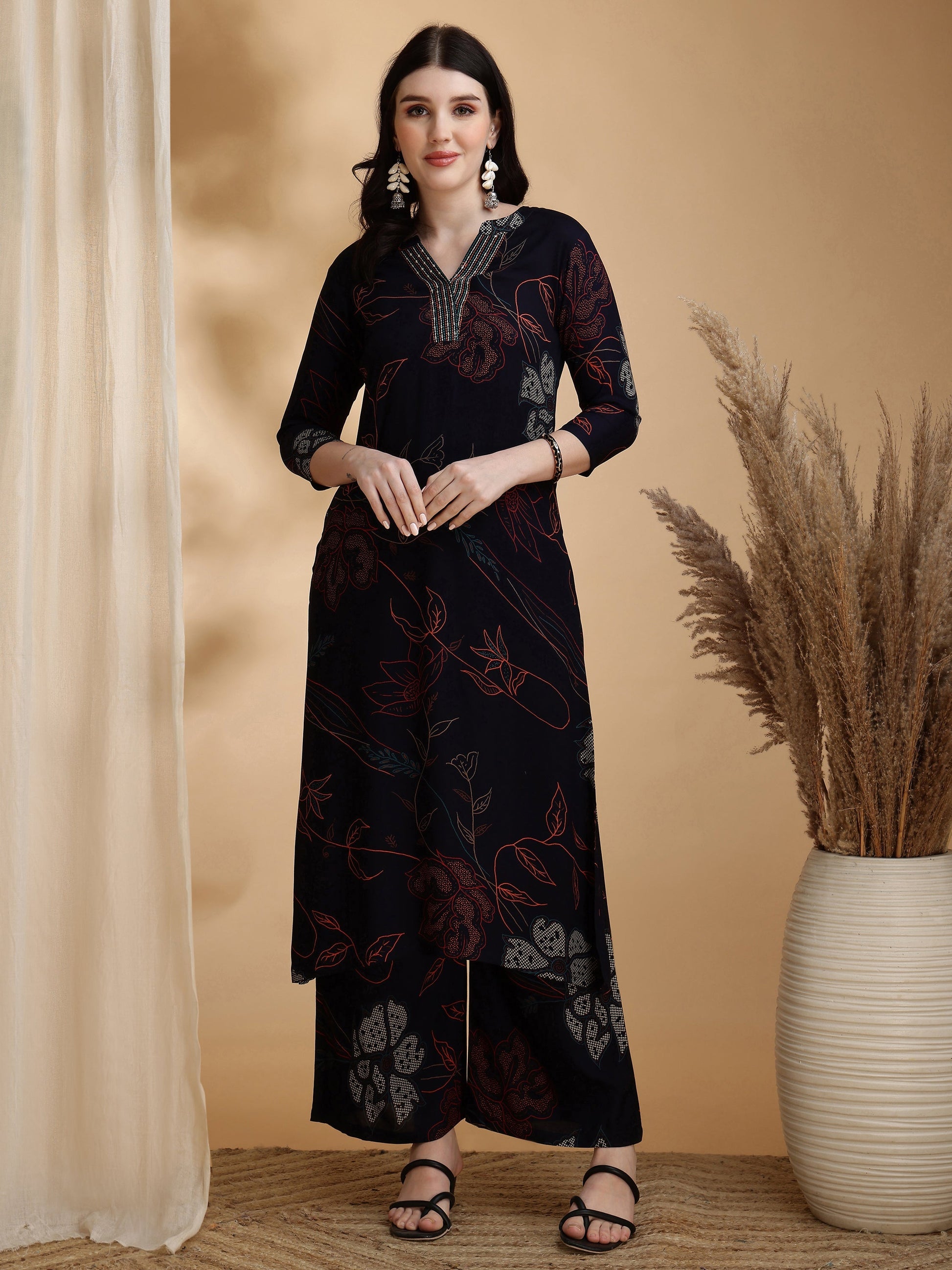 Floral Printed Kurta Pallazo Set, Navy Blue - Hiral Fashion