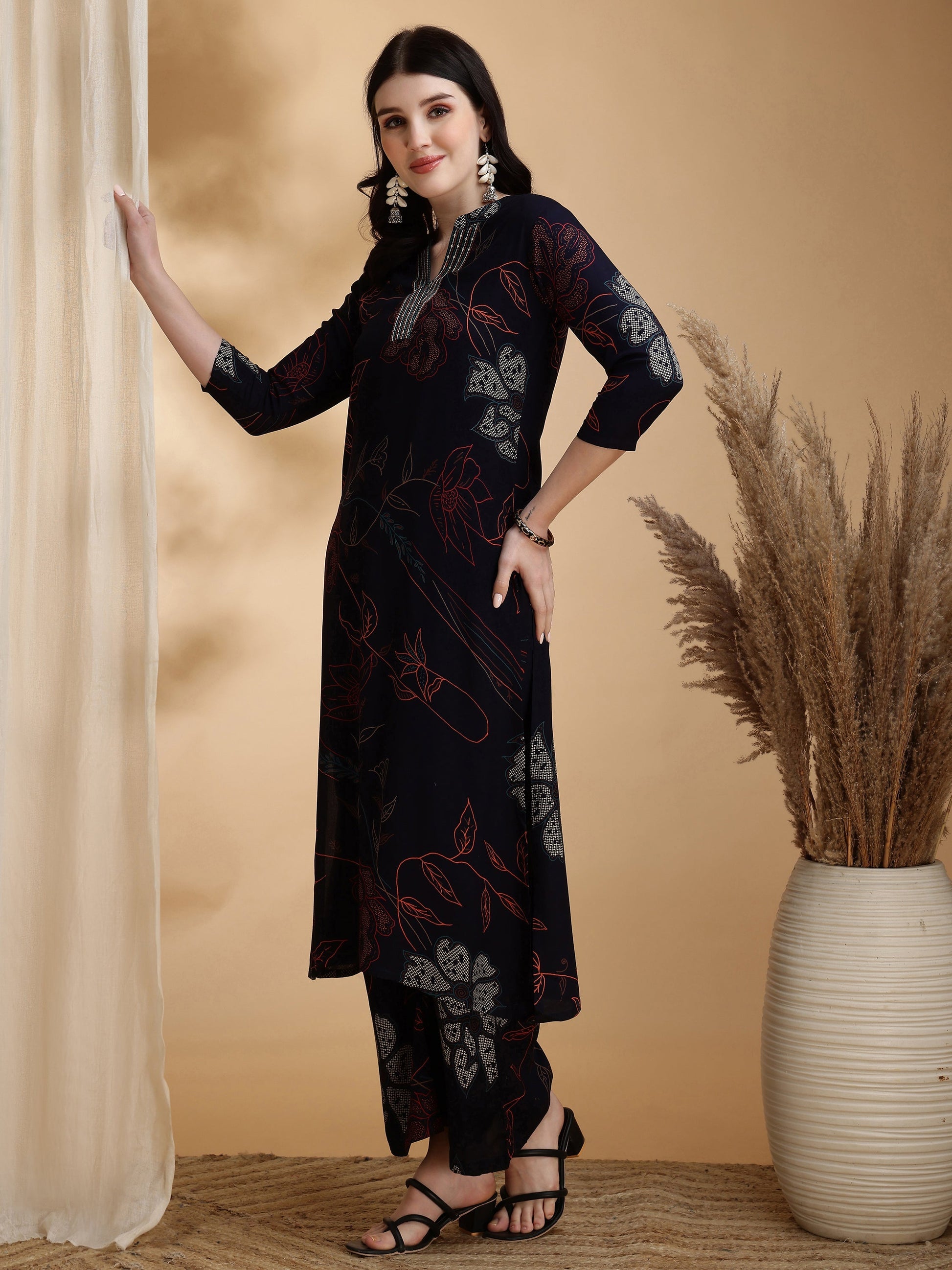 Floral Printed Kurta Pallazo Set, Navy Blue - Hiral Fashion