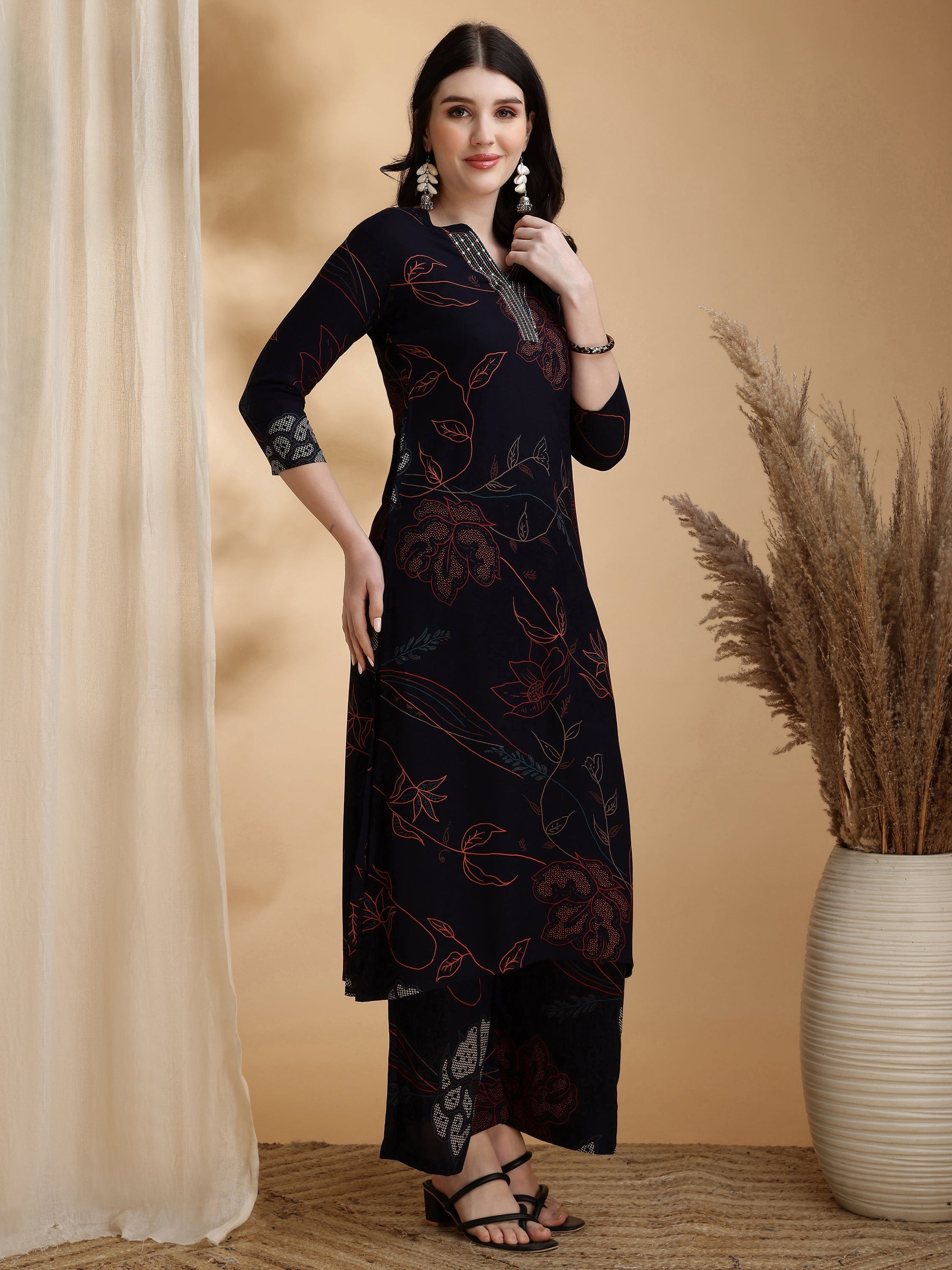Floral Printed Kurta Pallazo Set, Navy Blue - Hiral Fashion