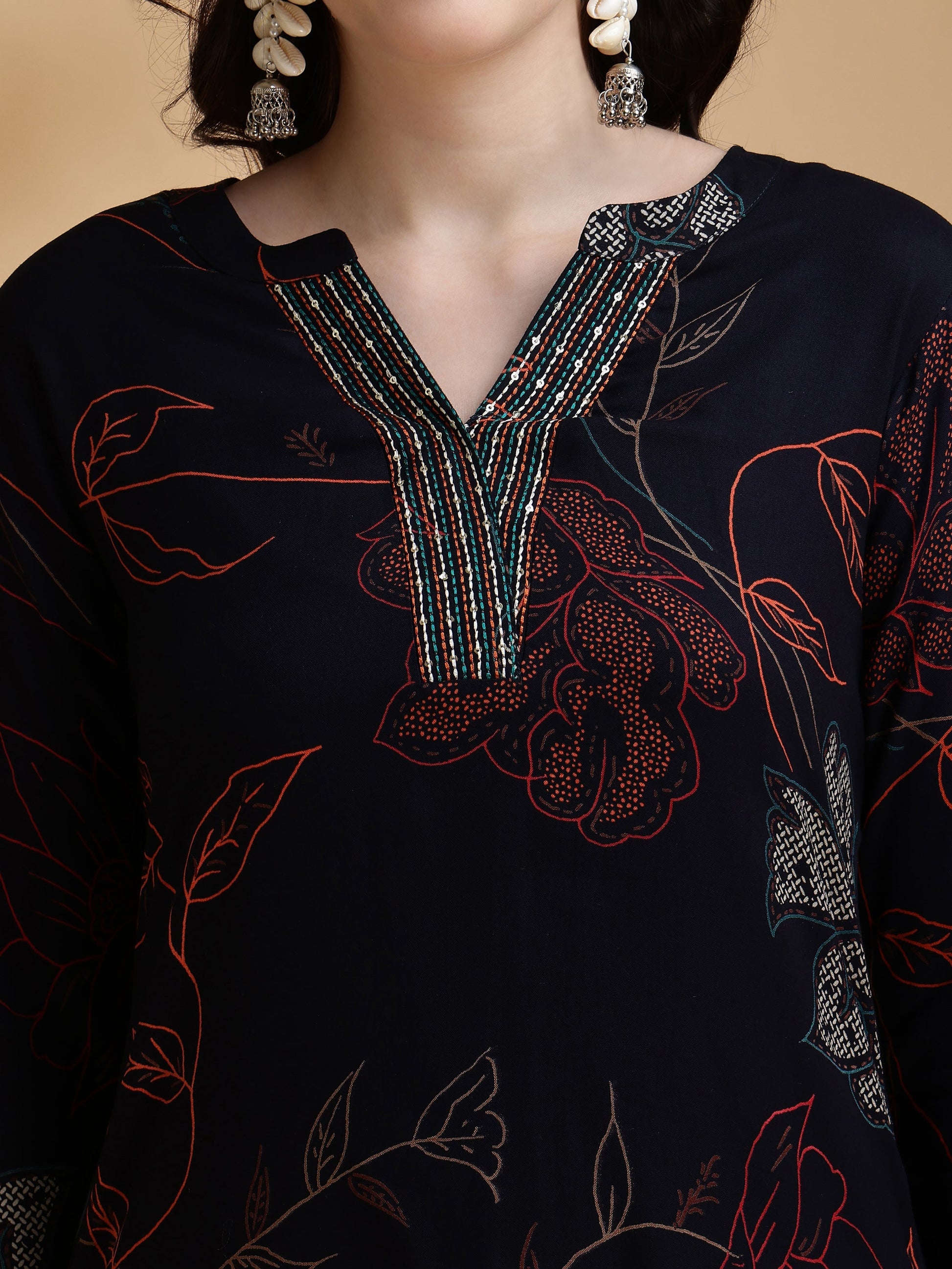 Floral Printed Kurta Pallazo Set, Navy Blue - Hiral Fashion