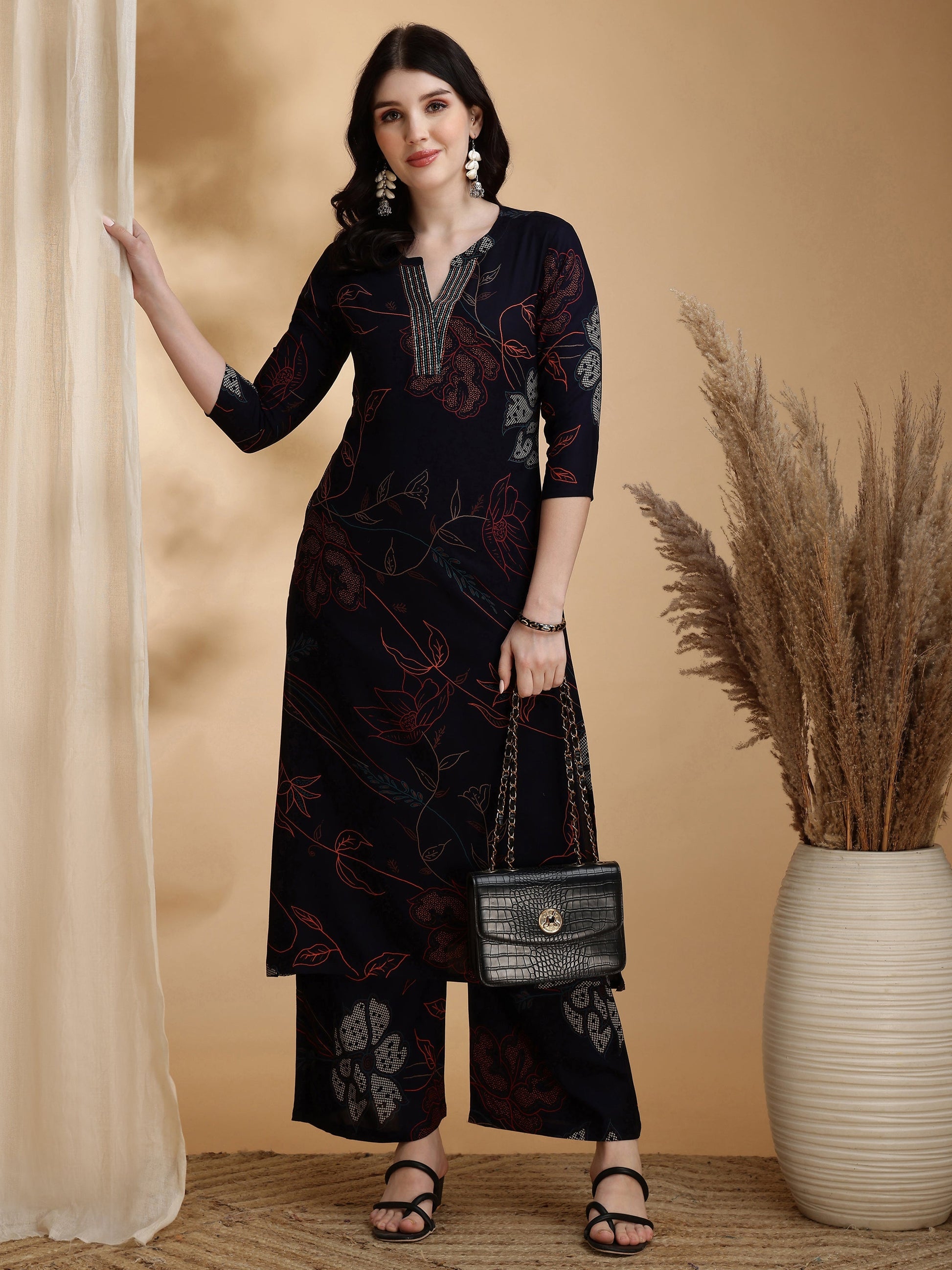 Floral Printed Kurta Pallazo Set, Navy Blue - Hiral Fashion