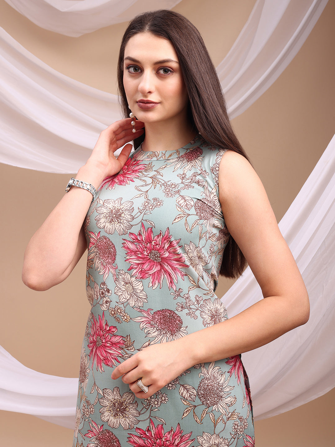 Floral Printed Kurta With Palazzo Pant, Turquoise - Hiral Fashion