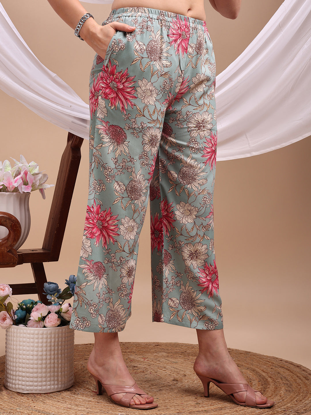 Floral Printed Kurta With Palazzo Pant, Turquoise - Hiral Fashion