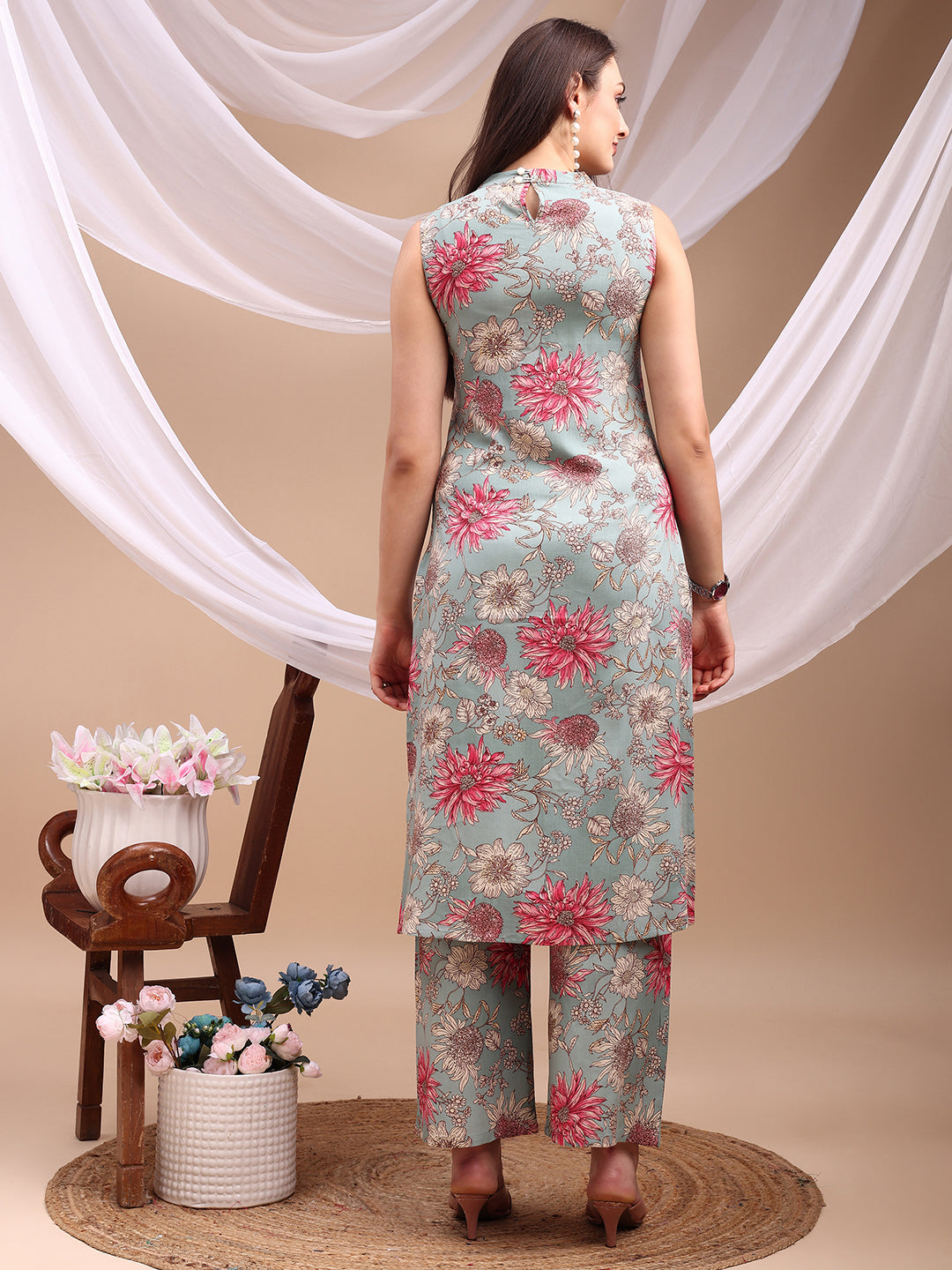 Floral Printed Kurta With Palazzo Pant, Turquoise - Hiral Fashion