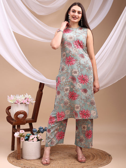Floral Printed Kurta With Palazzo Pant, Turquoise - Hiral Fashion