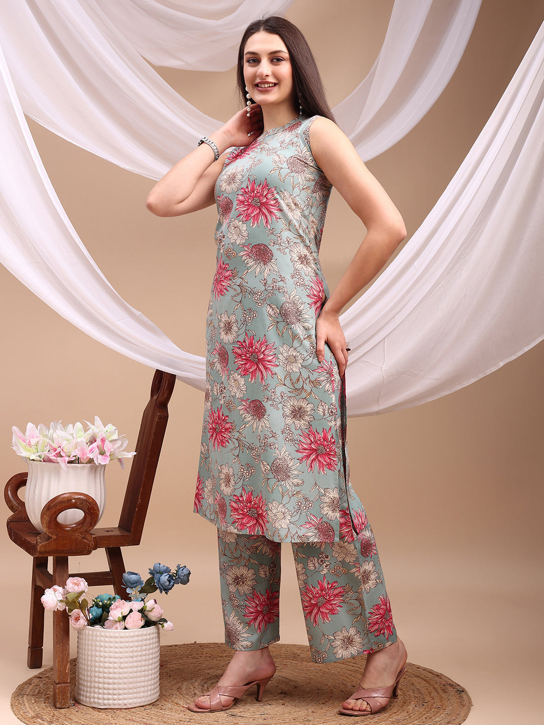Floral Printed Kurta With Palazzo Pant, Turquoise - Hiral Fashion