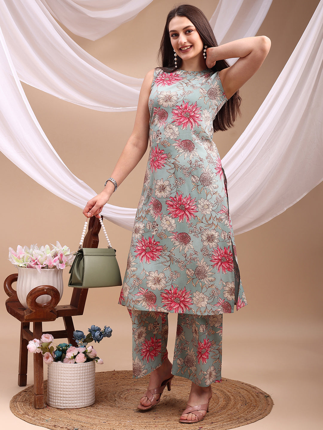 Floral Printed Kurta With Palazzo Pant, Turquoise - Hiral Fashion