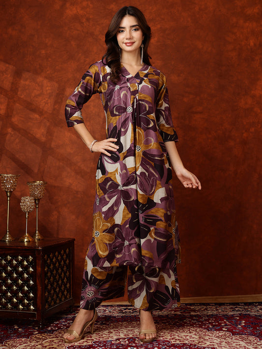 Floral Printed Kurta With Palazzo Pant, Purple - Hiral Fashion