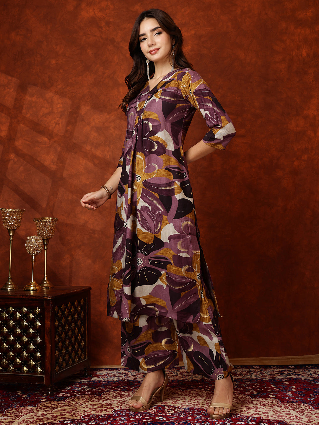 Floral Printed Kurta With Palazzo Pant, Purple - Hiral Fashion