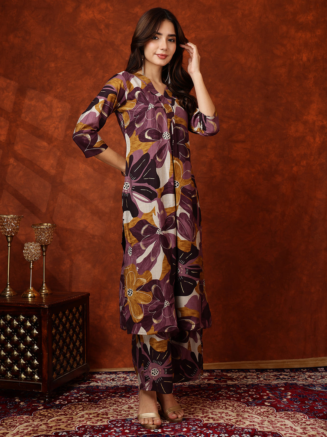 Floral Printed Kurta With Palazzo Pant, Purple - Hiral Fashion