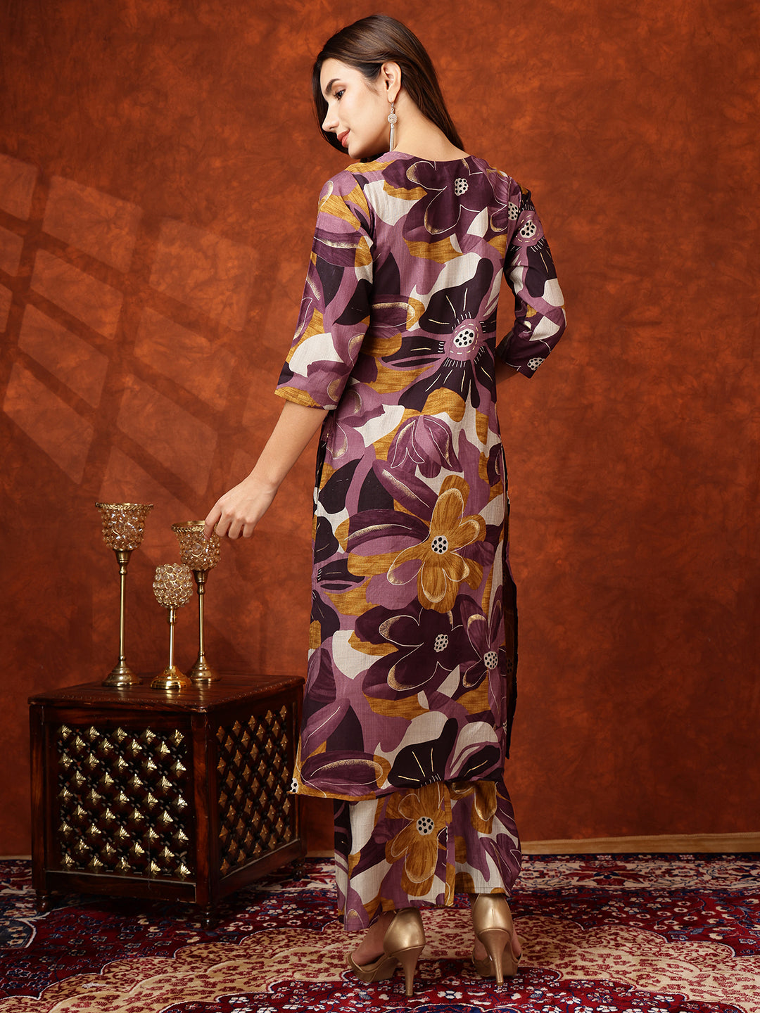 Floral Printed Kurta With Palazzo Pant, Purple - Hiral Fashion