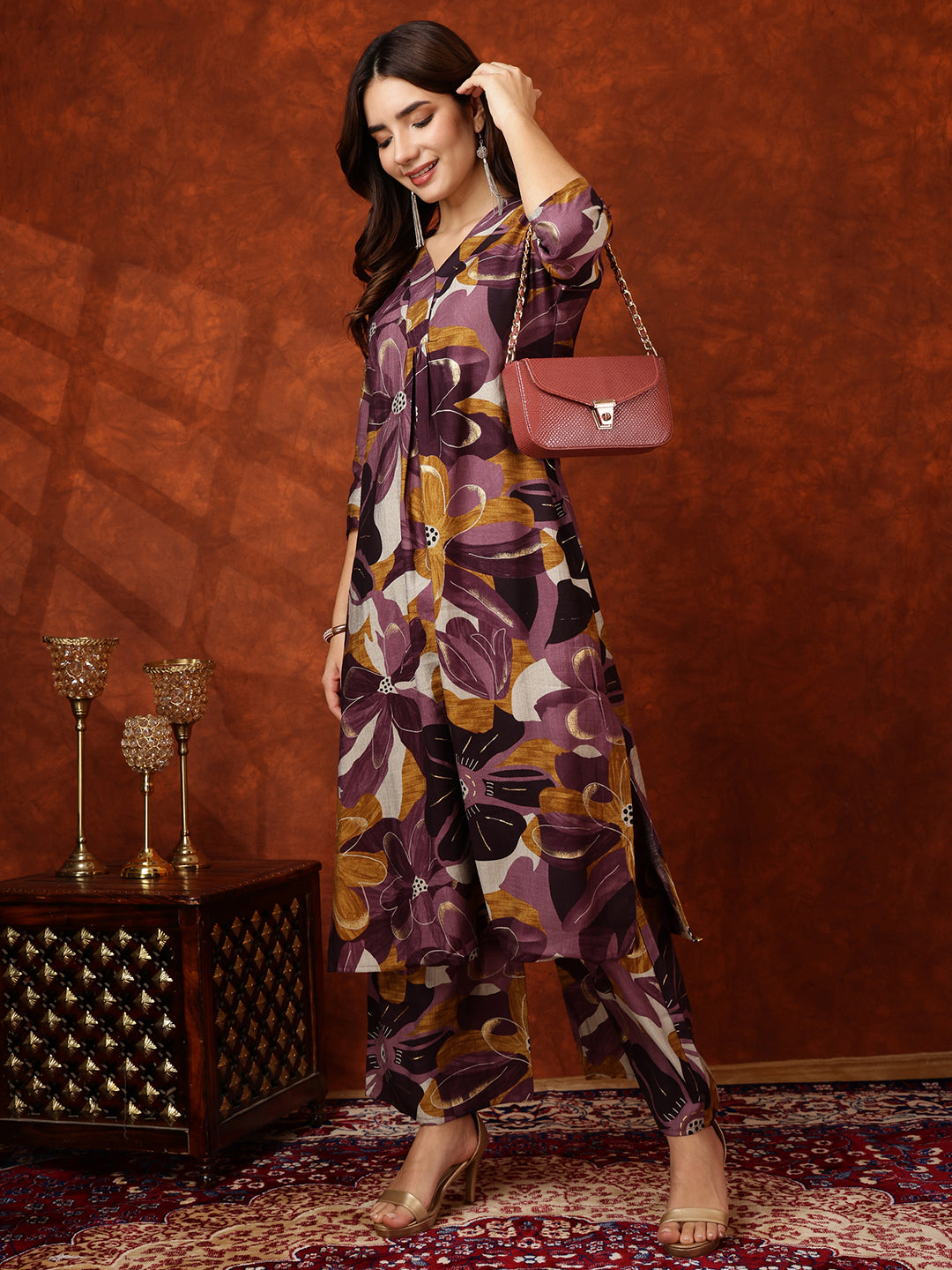 Floral Printed Kurta With Palazzo Pant, Purple - Hiral Fashion