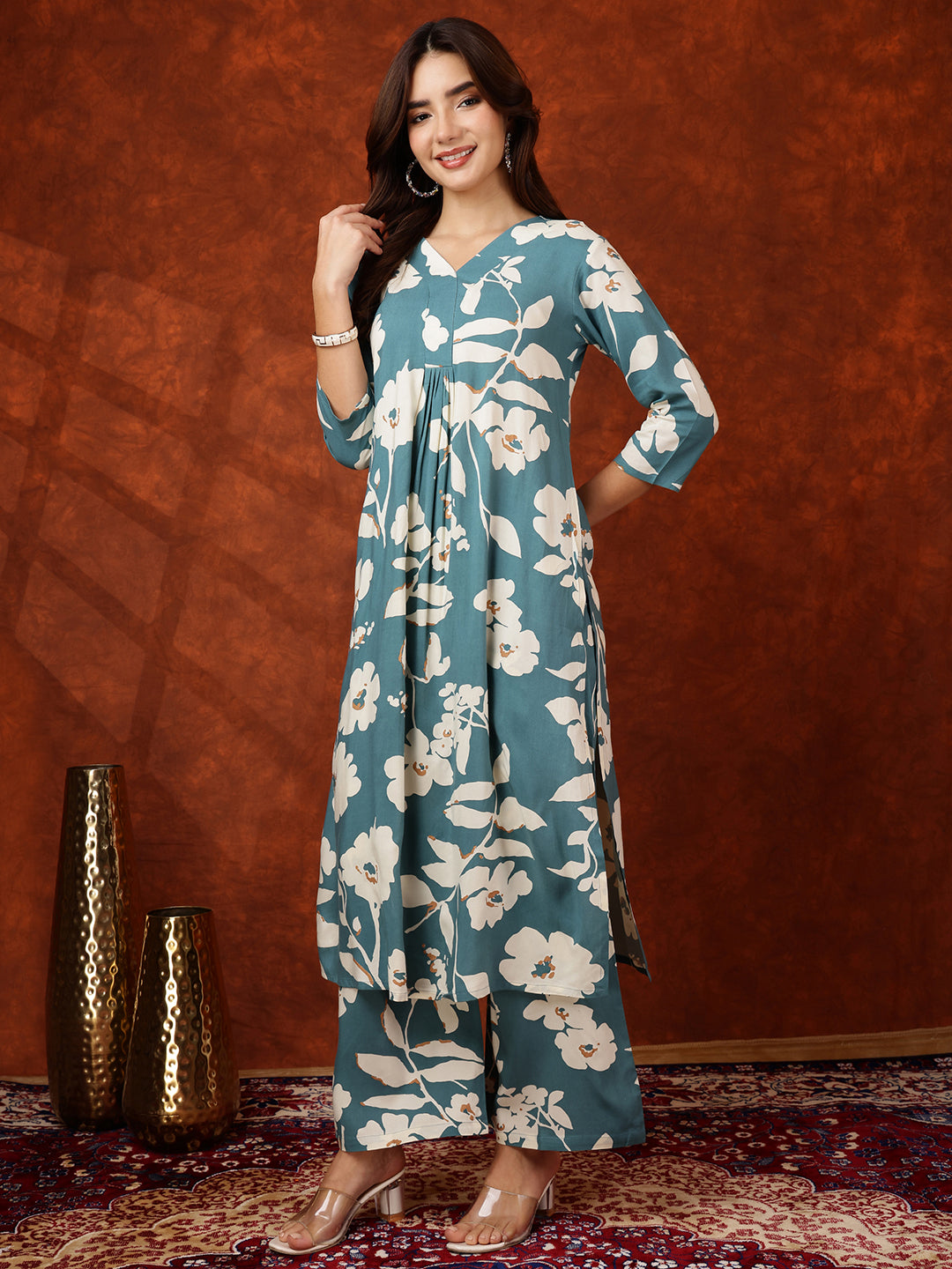 Botanical Printed Kurta With Palazzo Pant, Turquoise - Hiral Fashion