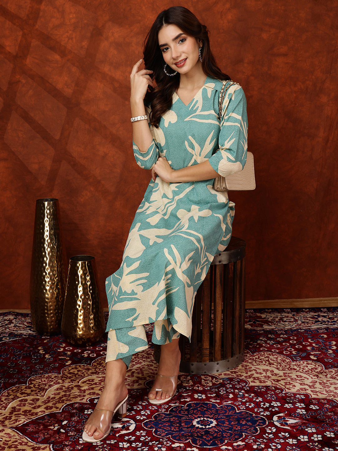 Floral Printed Designer Collared Kurta With Palazzo, Turquoise - Hiral Fashion