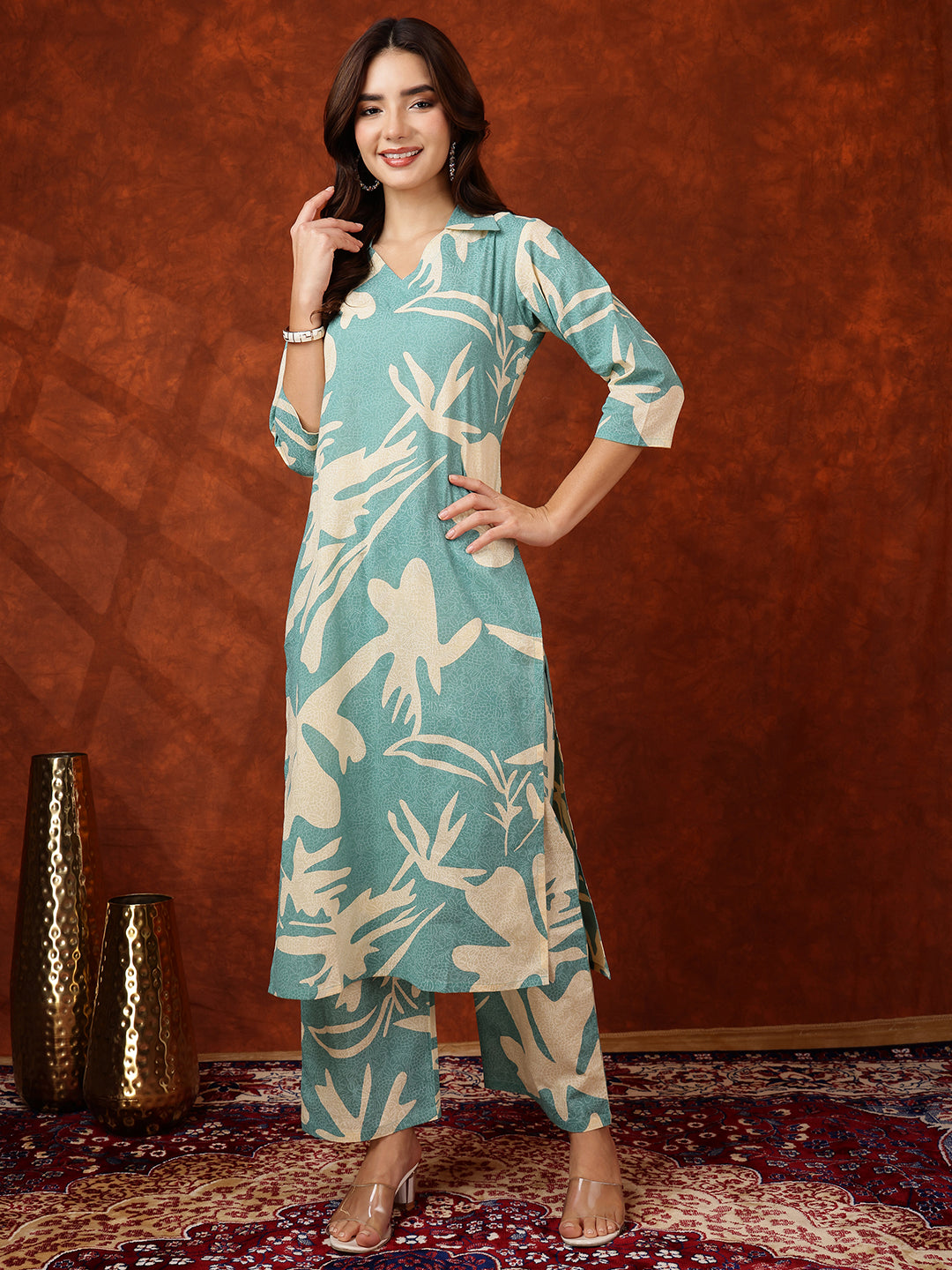 Floral Printed Designer Collared Kurta With Palazzo, Turquoise - Hiral Fashion
