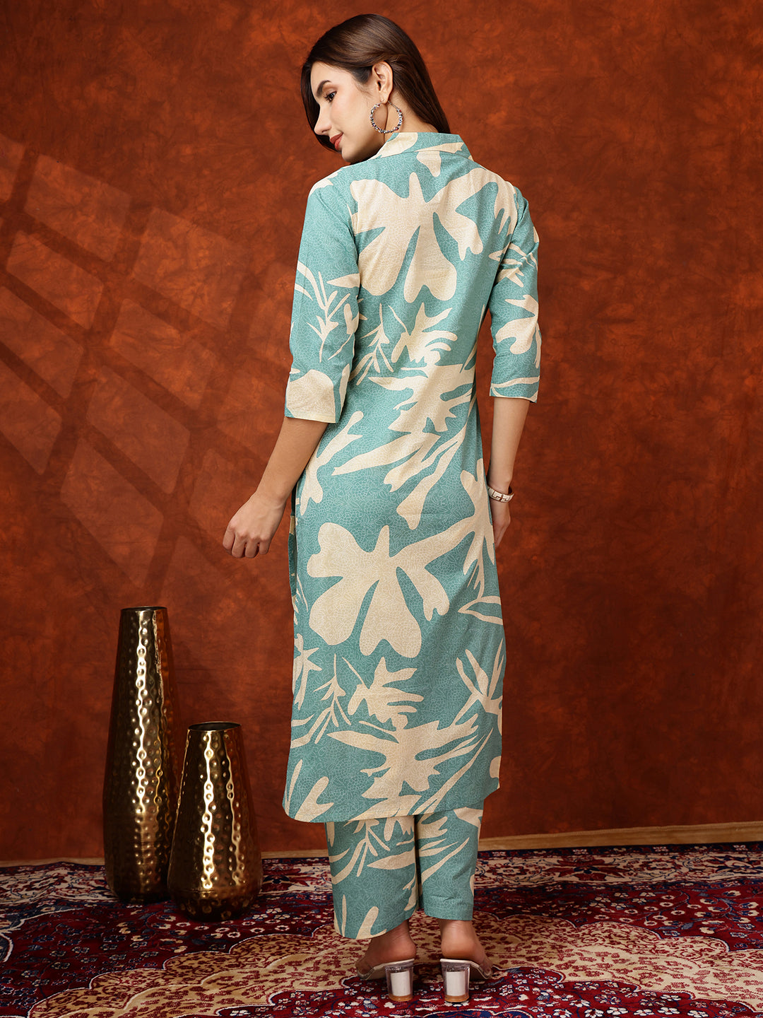 Floral Printed Designer Collared Kurta With Palazzo, Turquoise - Hiral Fashion
