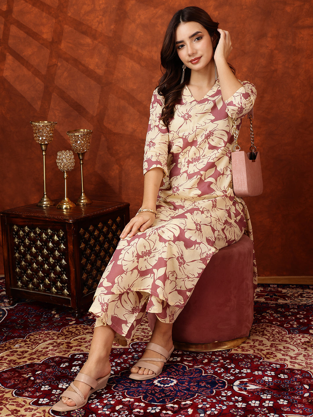Floral Printed Designer Collared Kurta With Palazzo, Pink - Hiral Fashion